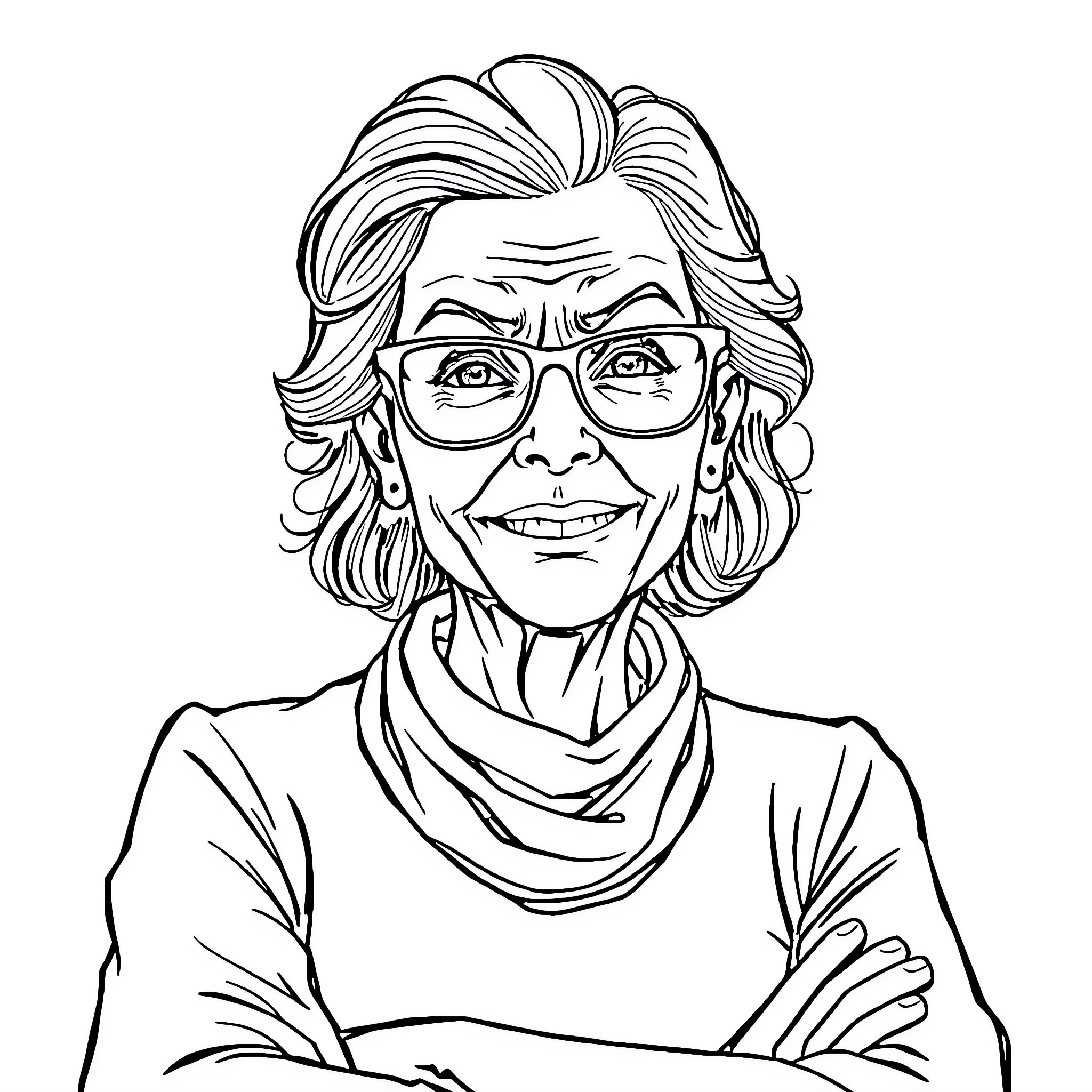 Professeur with Warm Smile and Glasses Coloring Page (free black-and-white line drawing printable PDF for all, from beginners to advanced learners, including children, teens, adults, and seniors)