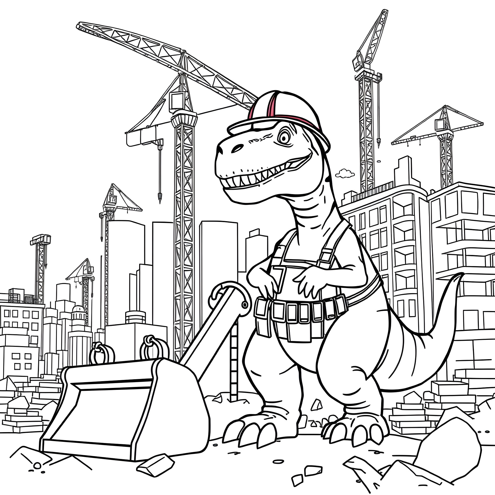 Dinosaur construction worker in a busy urban landscape Coloring Page (free black-and-white line drawing printable PDF for all, from beginners to advanced learners, including children, teens, adults, and seniors)