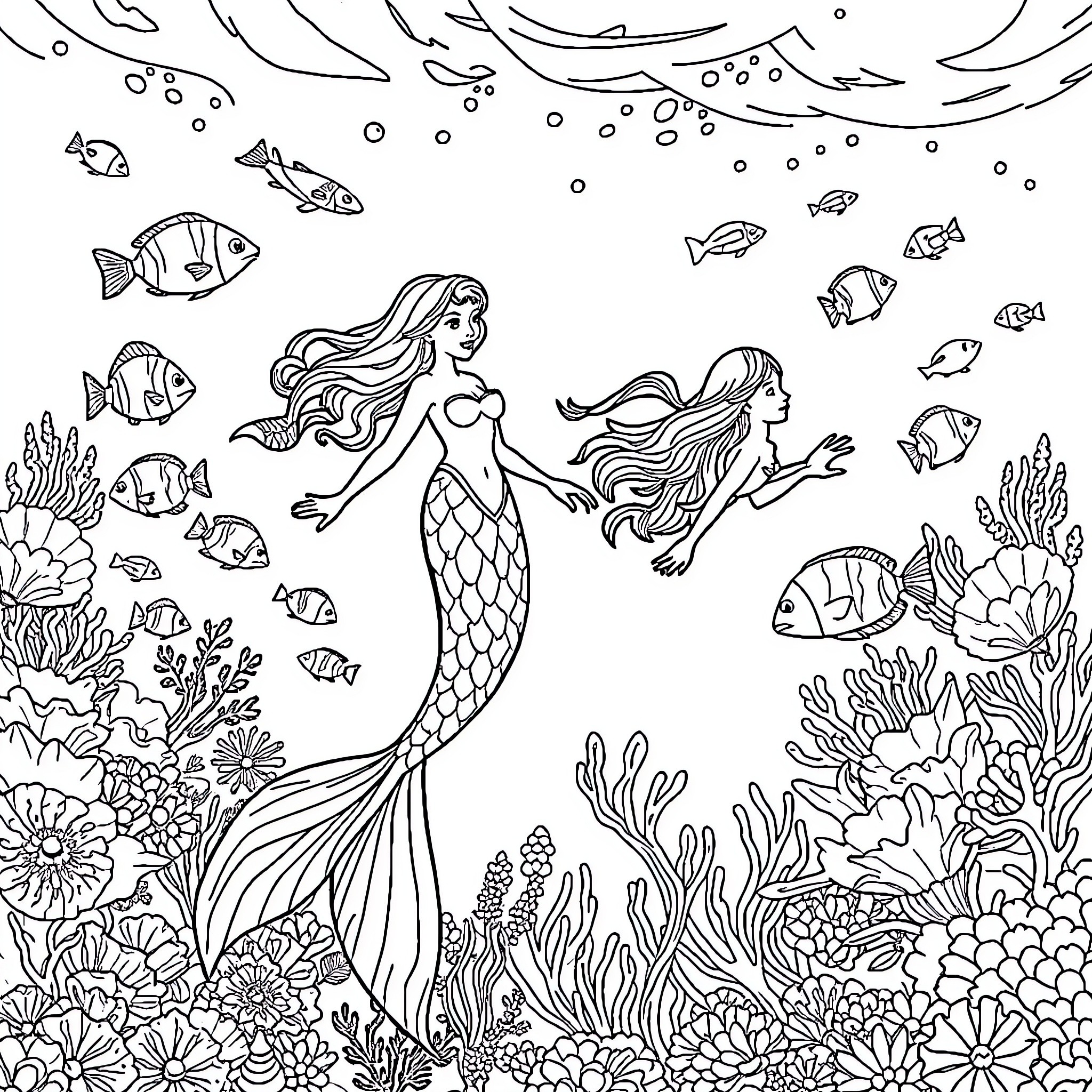 Mermaid Exploring the Enchanting Underwater World Coloring Page (free black-and-white line drawing printable PDF for all, from beginners to advanced learners, including children, teens, adults, and seniors)