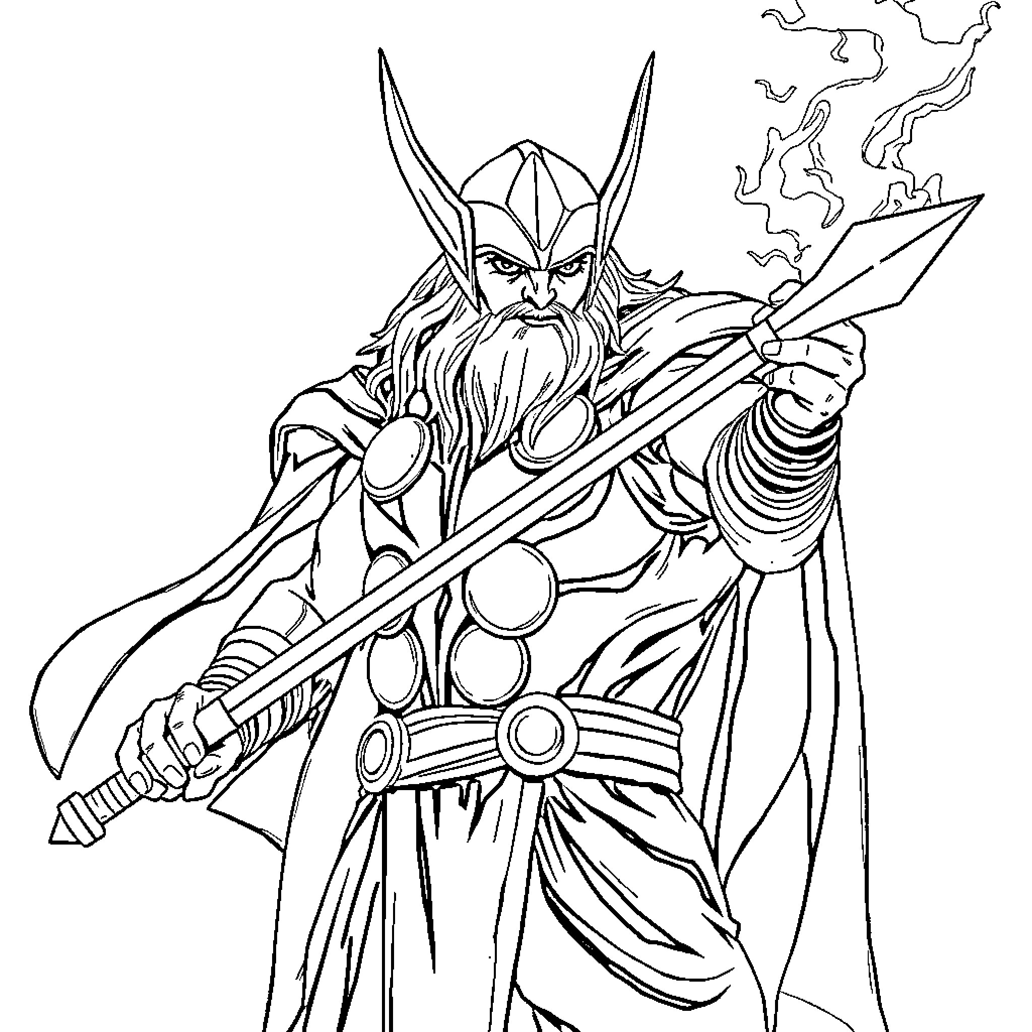 Thor wielding mighty weapon in heroic pose Coloring Page (free black-and-white line drawing printable PDF for all, from beginners to advanced learners, including children, teens, adults, and seniors)