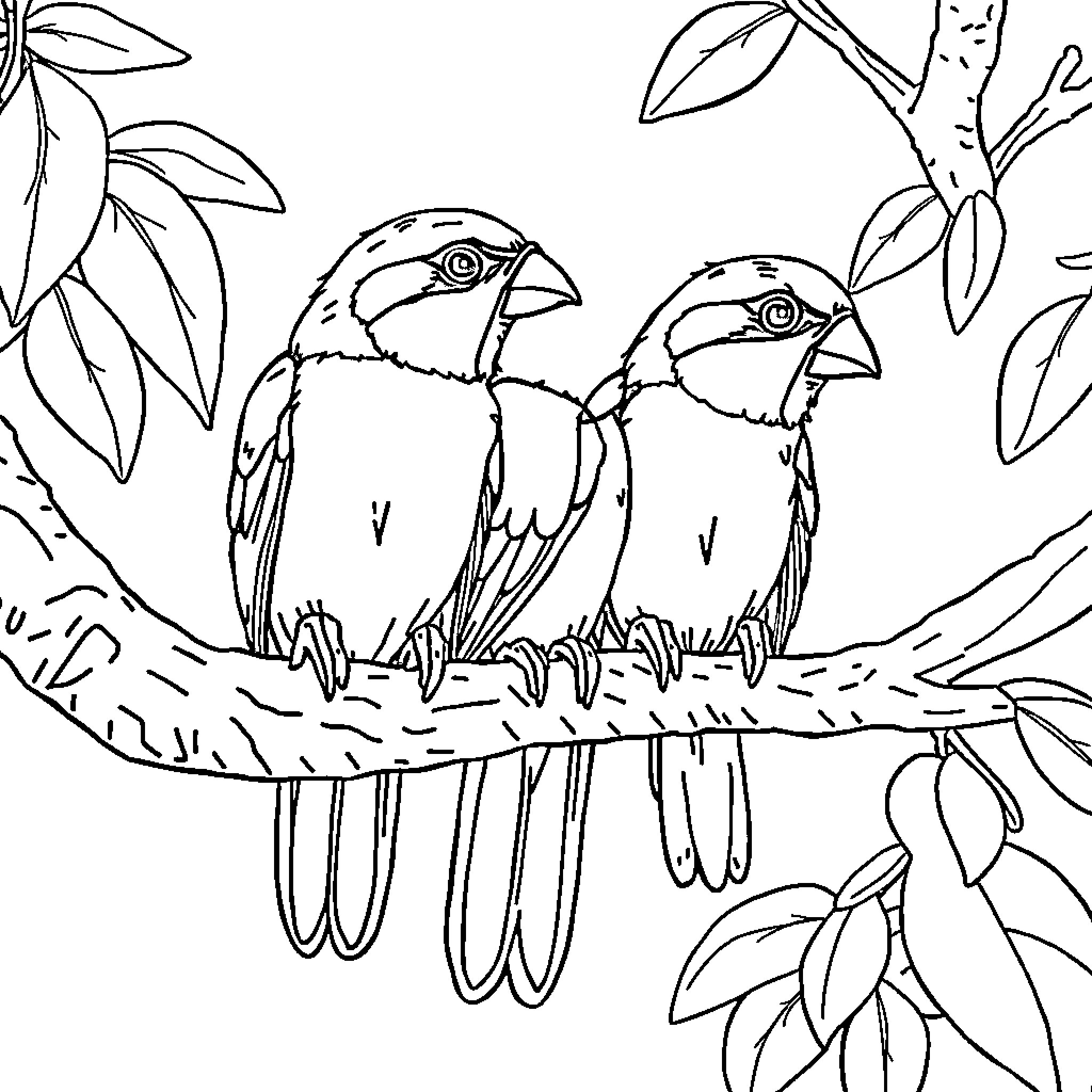 Ternurine Birds Resting on Branch Coloring Page (free black-and-white line drawing printable PDF for all, from beginners to advanced learners, including children, teens, adults, and seniors)