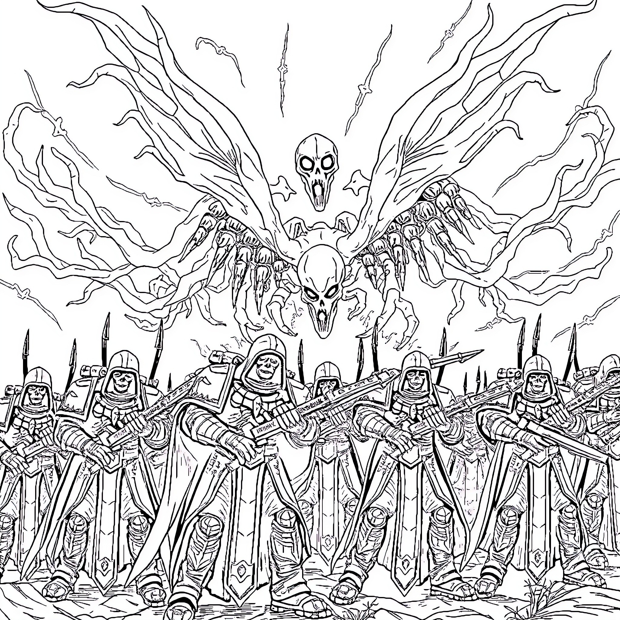 Wraith army marching with ghostly apparitions above Coloring Page (free black-and-white line drawing printable PDF for all, from beginners to advanced learners, including children, teens, adults, and seniors)