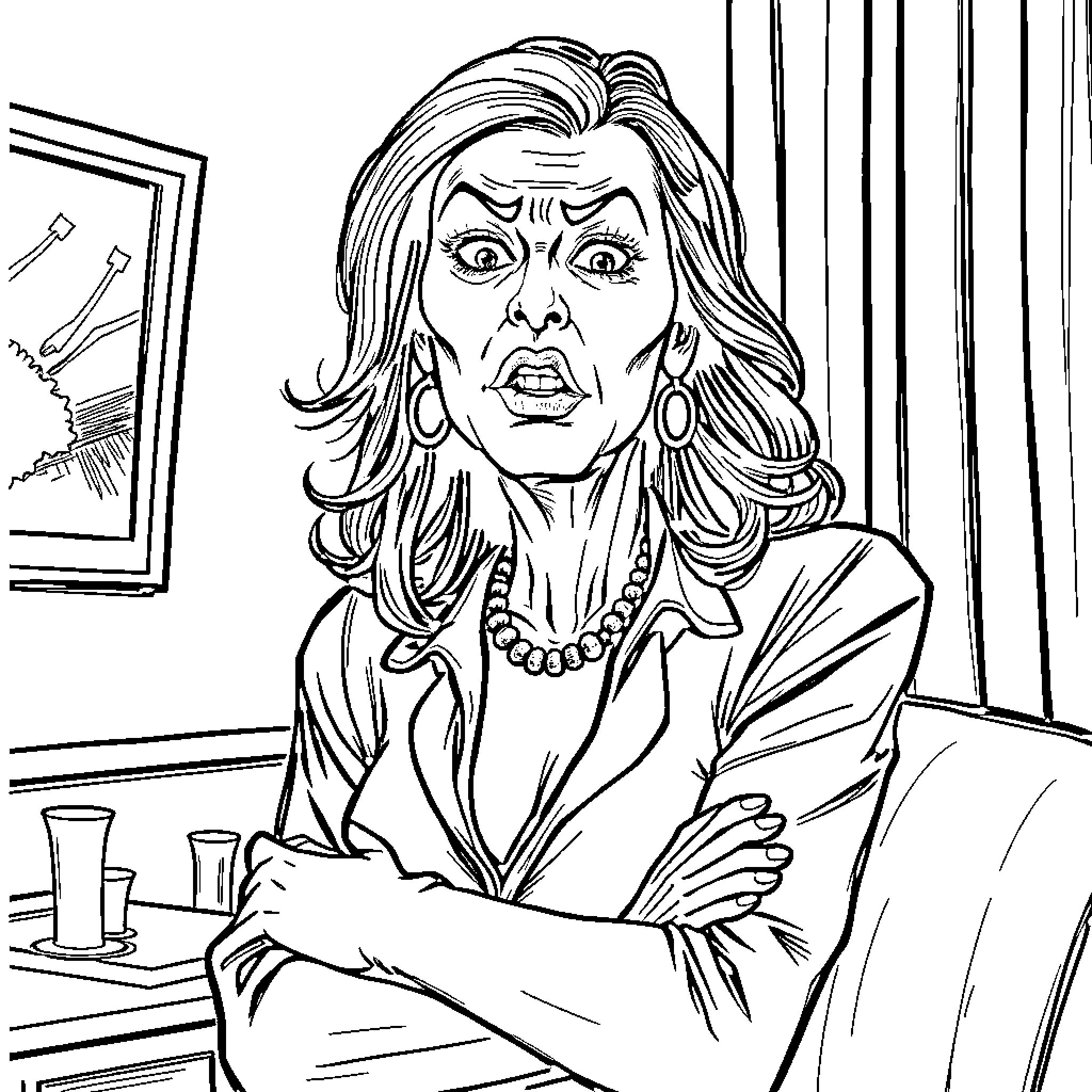 Lady confronting a distressing situation Coloring Page (free black-and-white line drawing printable PDF for all, from beginners to advanced learners, including children, teens, adults, and seniors)