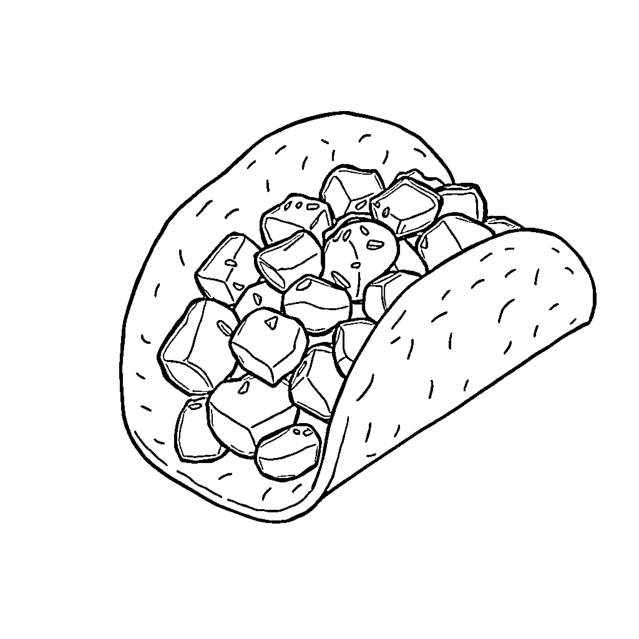 Potato Taco with Tasty Filling Coloring Page (free black-and-white line drawing printable PDF for all, from beginners to advanced learners, including children, teens, adults, and seniors)