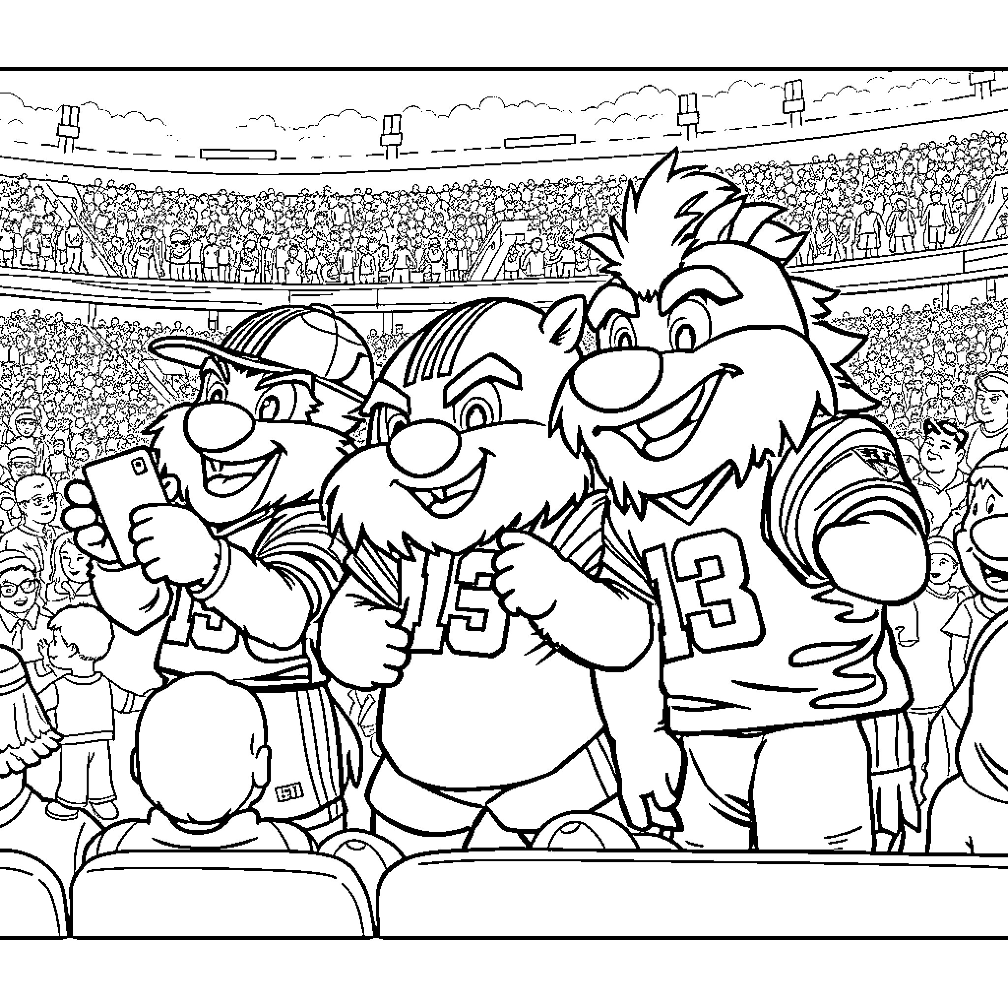 Mascot cheering with fans at a sports stadium Coloring Page (free black-and-white line drawing printable PDF for all, from beginners to advanced learners, including children, teens, adults, and seniors)