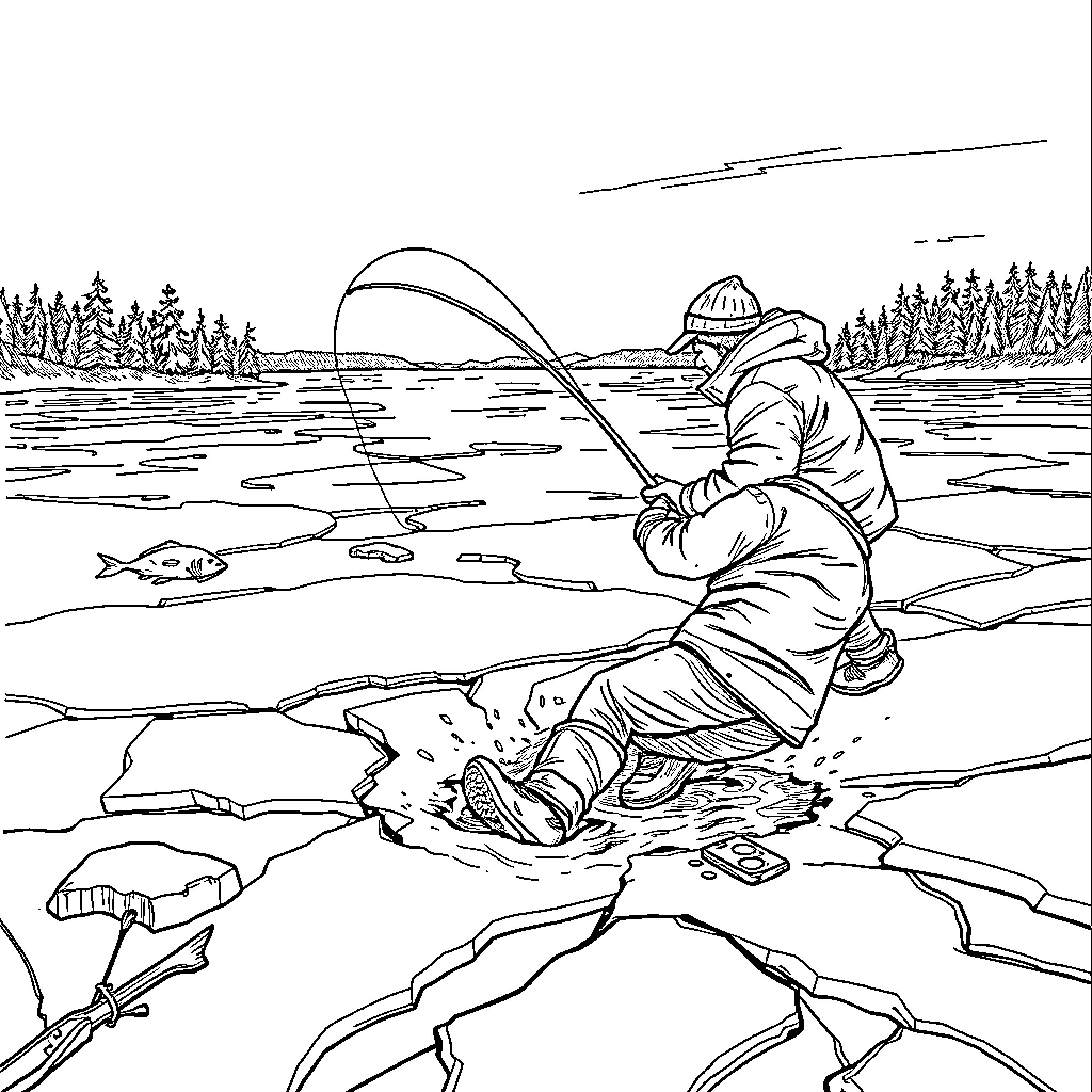 Man fishing on a frozen lake in a winter landscape Coloring Page (free black-and-white line drawing printable PDF for all, from beginners to advanced learners, including children, teens, adults, and seniors)