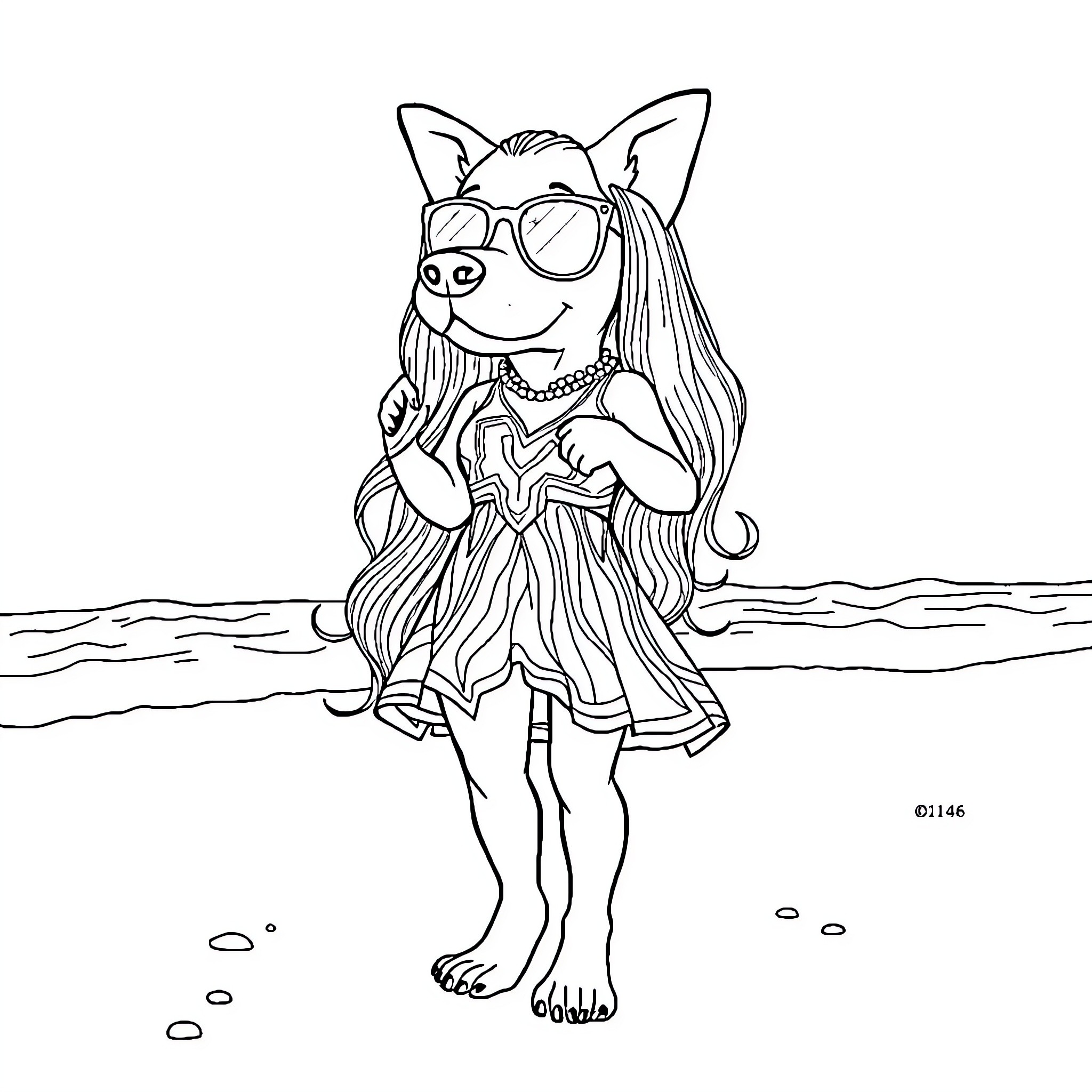 Perra playing joyfully at the beach Coloring Page (free black-and-white line drawing printable PDF for all, from beginners to advanced learners, including children, teens, adults, and seniors)