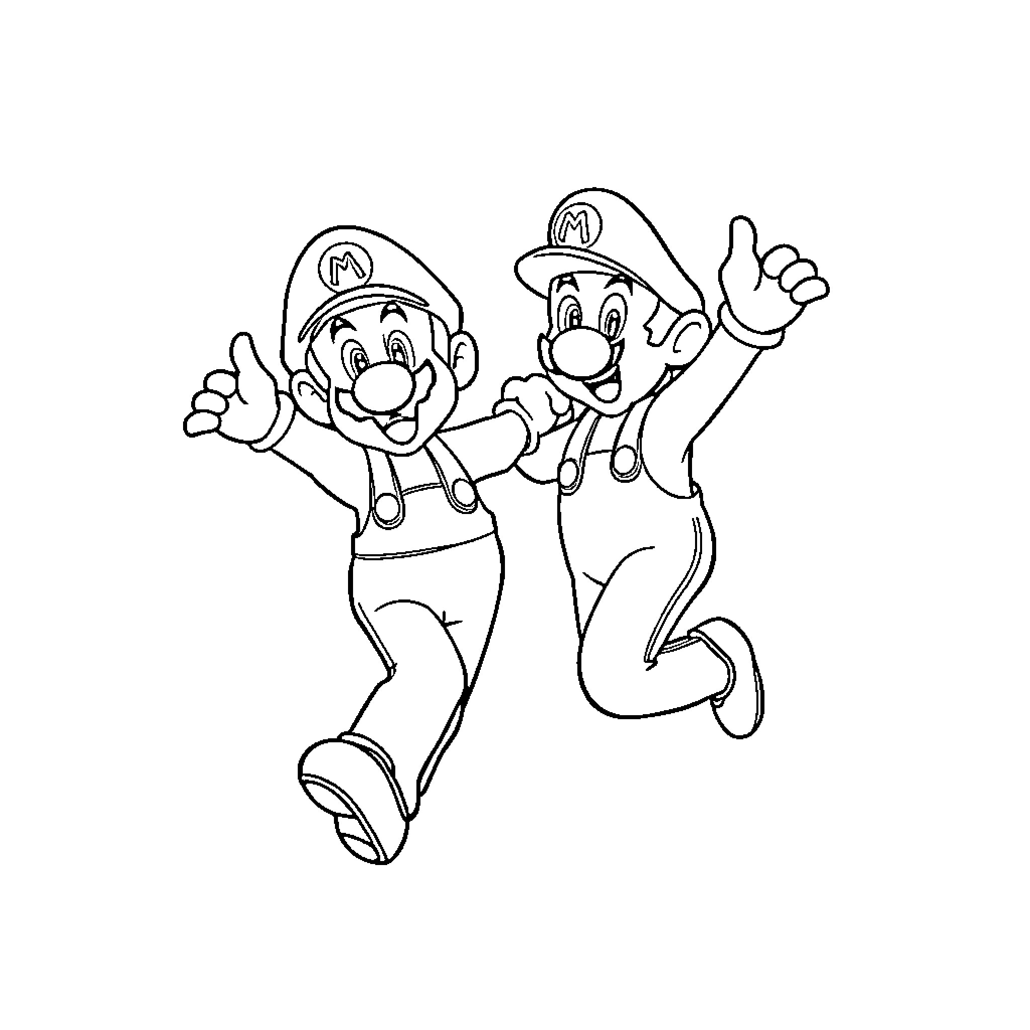 Mario and Luigi Jumping in Excitement Coloring Page (free black-and-white line drawing printable PDF for all, from beginners to advanced learners, including children, teens, adults, and seniors)