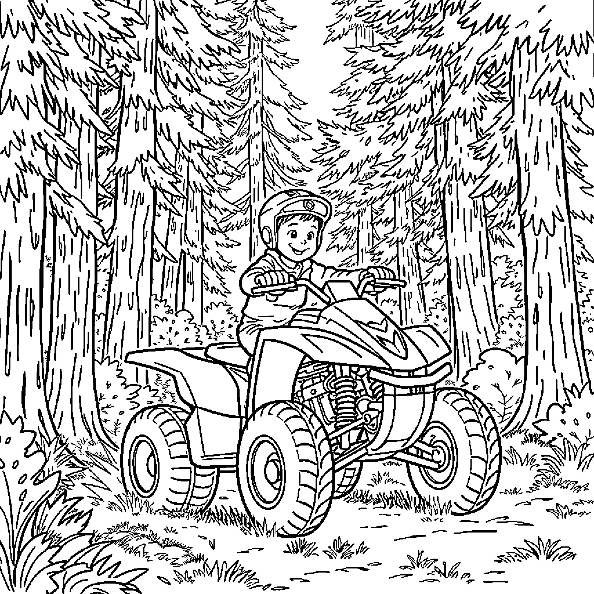 Kid riding quad through forest on adventure Coloring Page (free black-and-white line drawing printable PDF for all, from beginners to advanced learners, including children, teens, adults, and seniors)