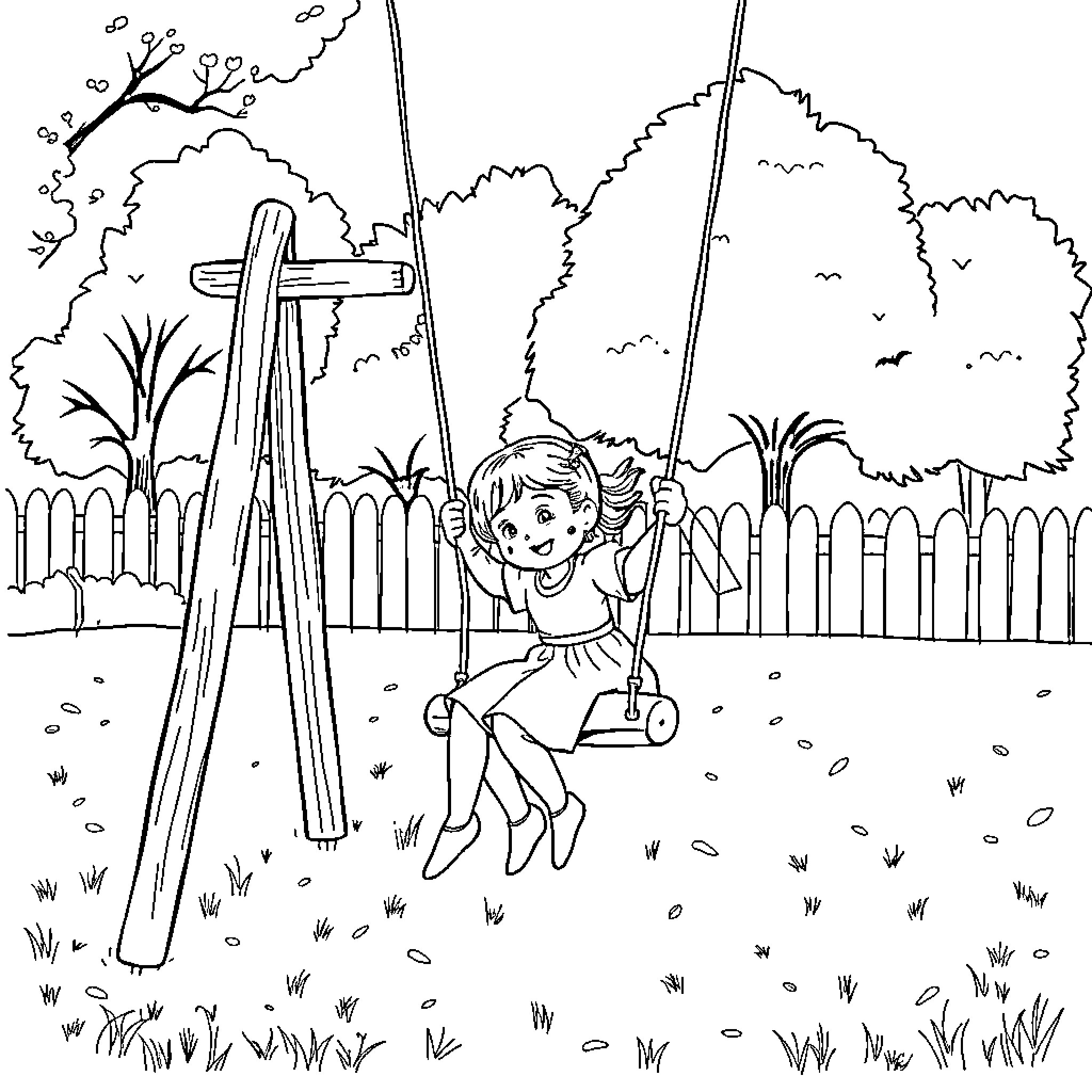 Girl swinging joyfully in backyard playground Coloring Page (free black-and-white line drawing printable PDF for all, from beginners to advanced learners, including children, teens, adults, and seniors)