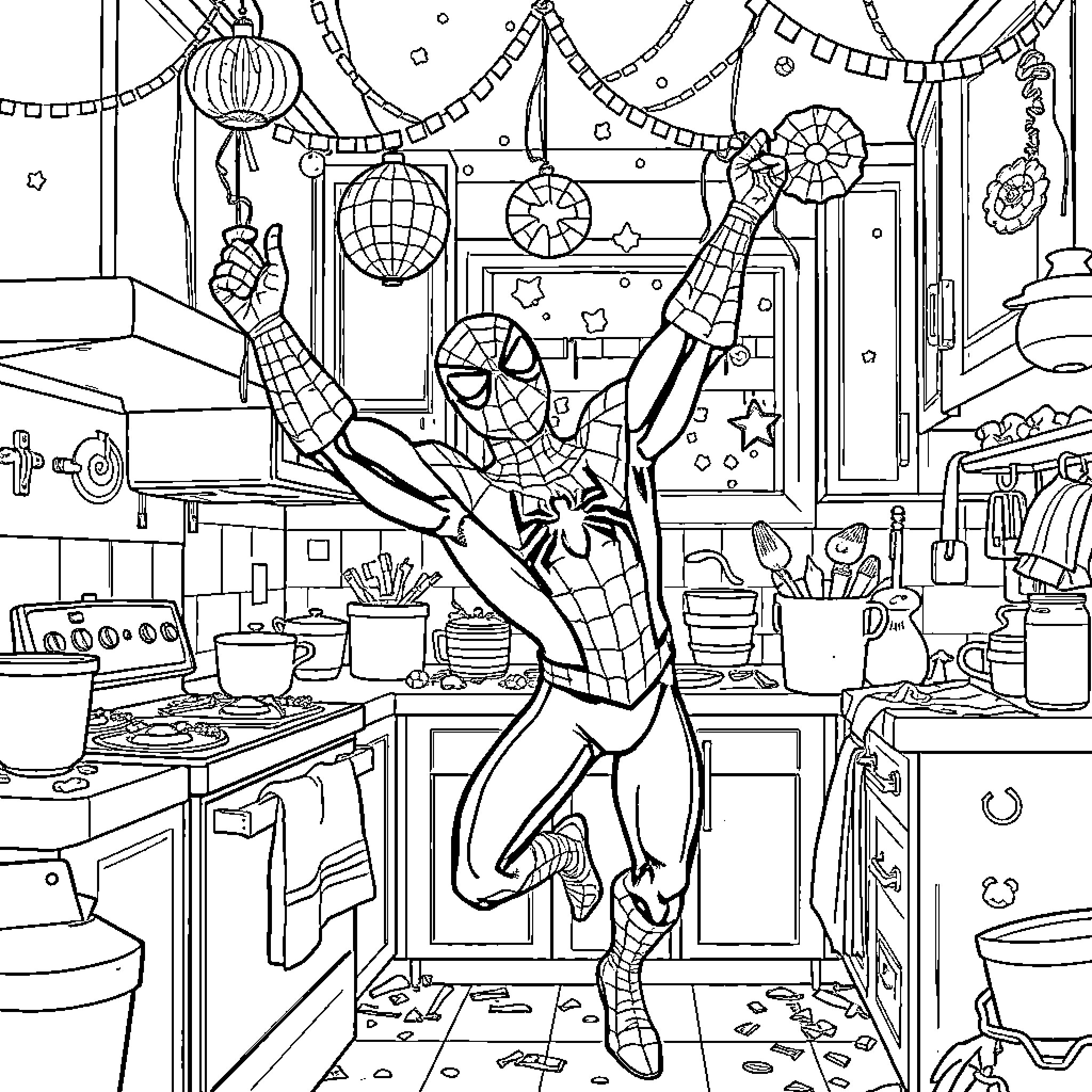 Spider-Man swinging through a festive kitchen Coloring Page (free black-and-white line drawing printable PDF for all, from beginners to advanced learners, including children, teens, adults, and seniors)
