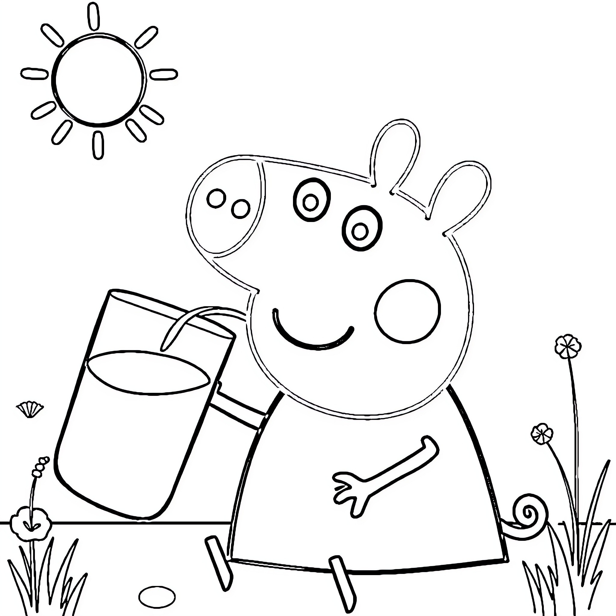 Peppa Pig enjoying a sunny day outside Coloring Page (free black-and-white line drawing printable PDF for all, from beginners to advanced learners, including children, teens, adults, and seniors)
