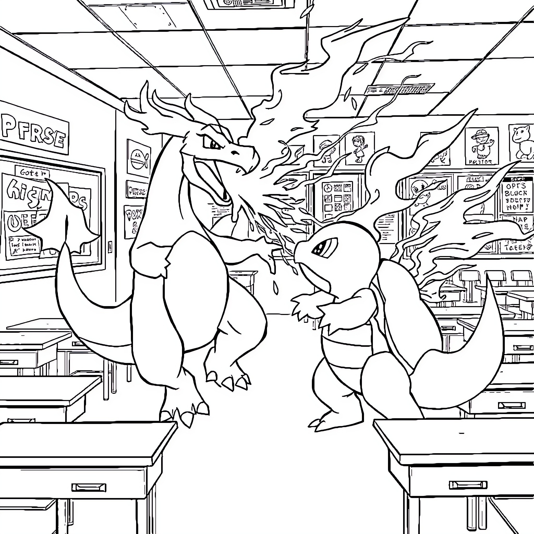 Charizard and Squirtle battling in a classroom Coloring Page (free black-and-white line drawing printable PDF for all, from beginners to advanced learners, including children, teens, adults, and seniors)