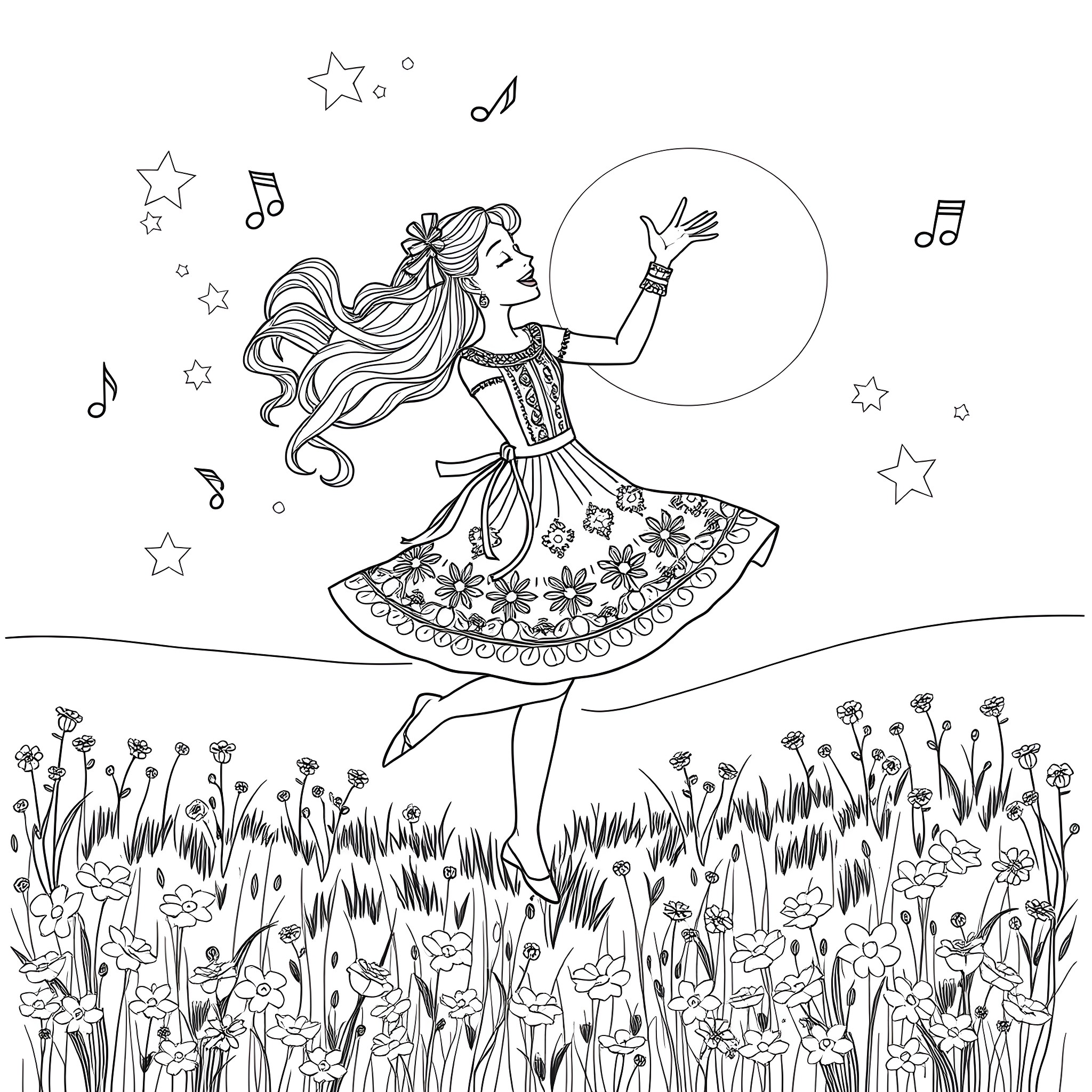 Bluey dancing joyfully in a flower-filled meadow Coloring Page (free black-and-white line drawing printable PDF for all, from beginners to advanced learners, including children, teens, adults, and seniors)