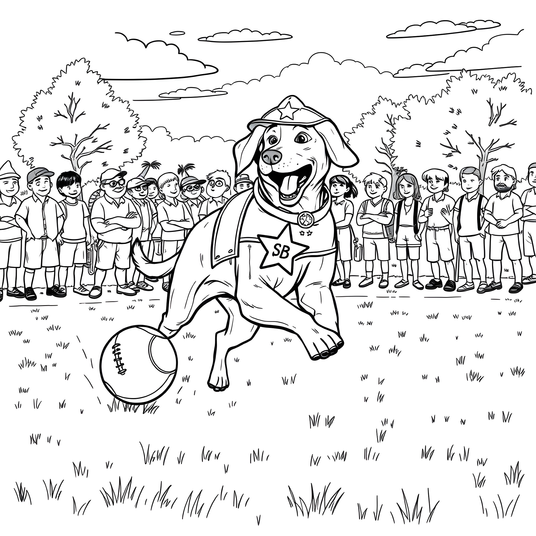 Labrador Pup Delighting Crowd in Park Coloring Page (free black-and-white line drawing printable PDF for all, from beginners to advanced learners, including children, teens, adults, and seniors)