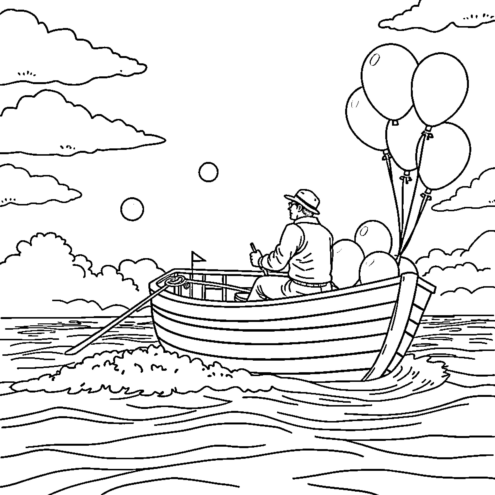 Barman sailing in a boat with balloons Coloring Page (free black-and-white line drawing printable PDF for all, from beginners to advanced learners, including children, teens, adults, and seniors)