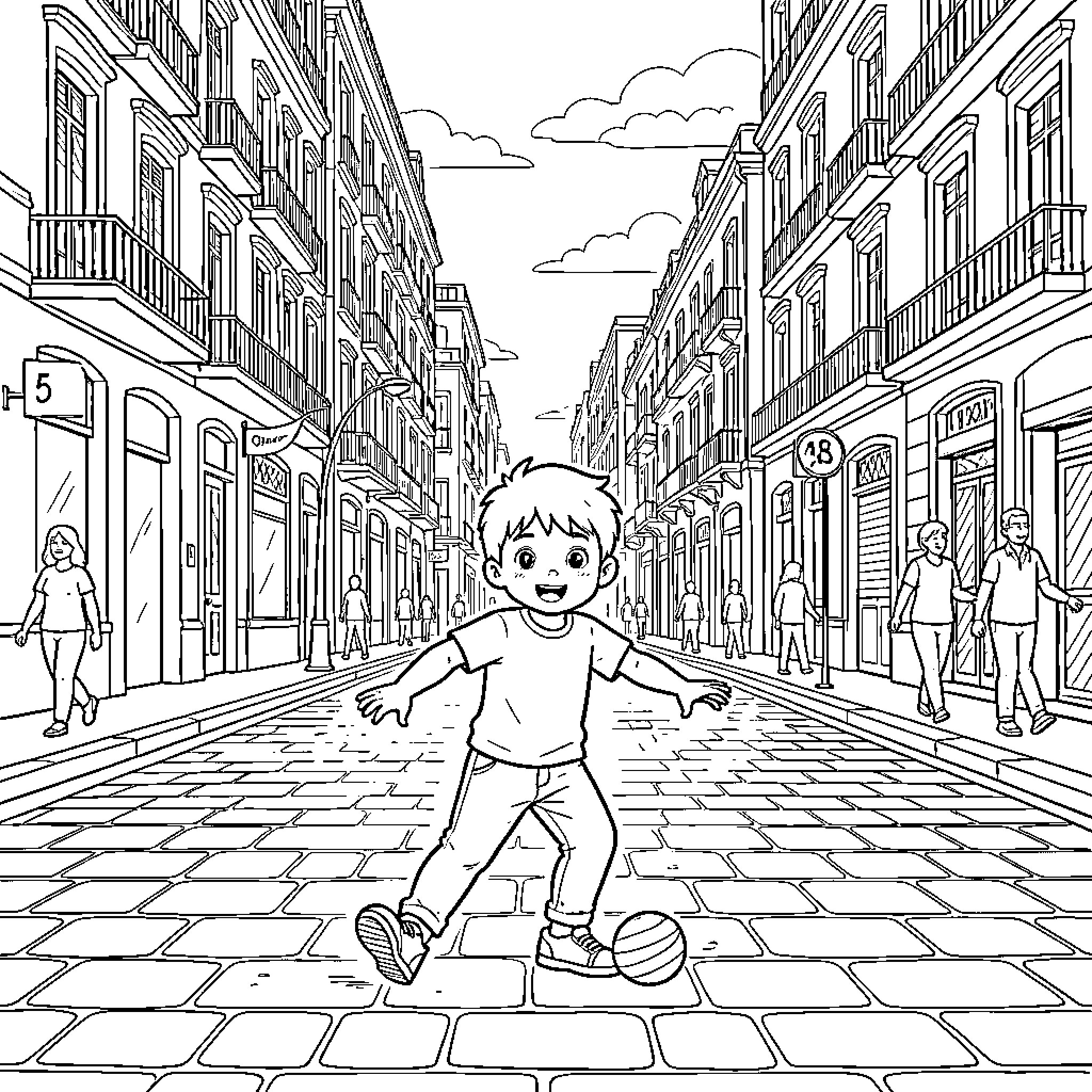 Child playing soccer on a cobblestone city street Coloring Page (free black-and-white line drawing printable PDF for all, from beginners to advanced learners, including children, teens, adults, and seniors)