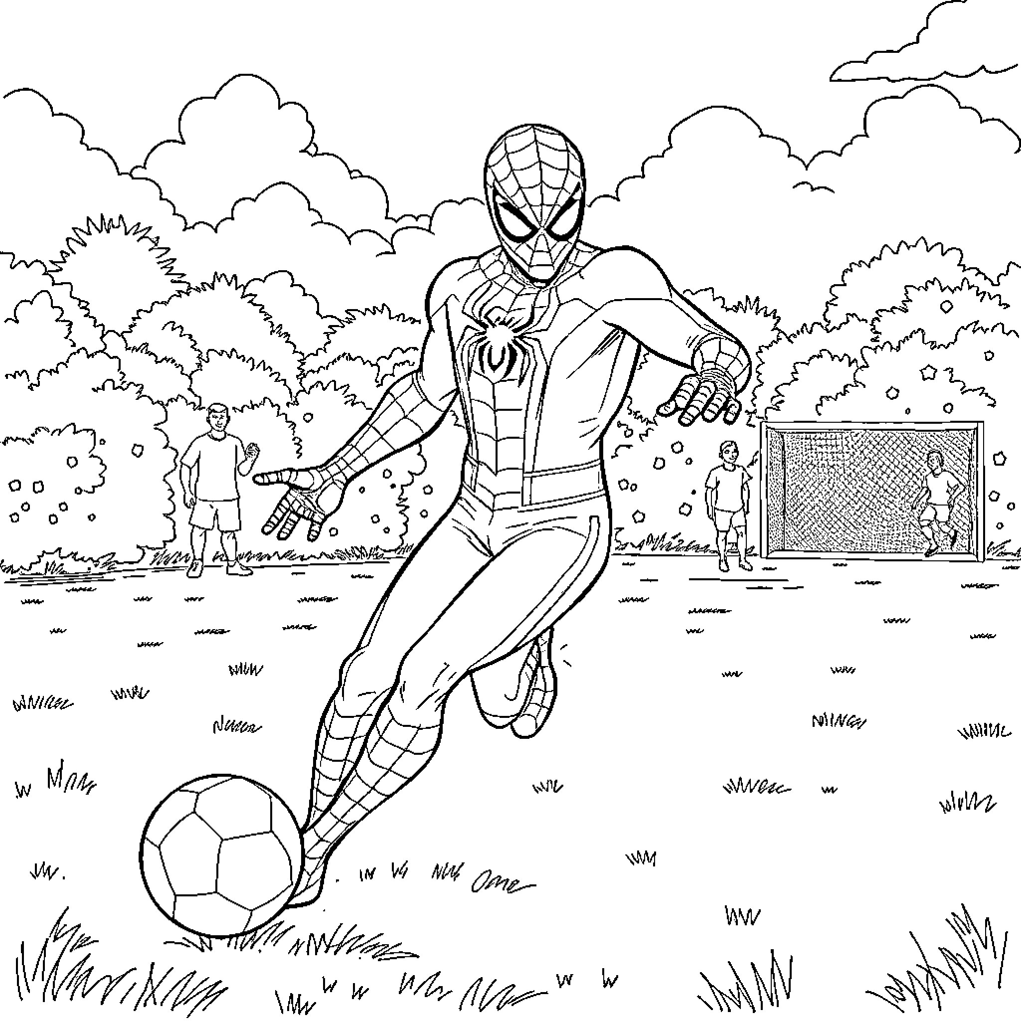Spiderman playing soccer with kids in the park Coloring Page (free black-and-white line drawing printable PDF for all, from beginners to advanced learners, including children, teens, adults, and seniors)