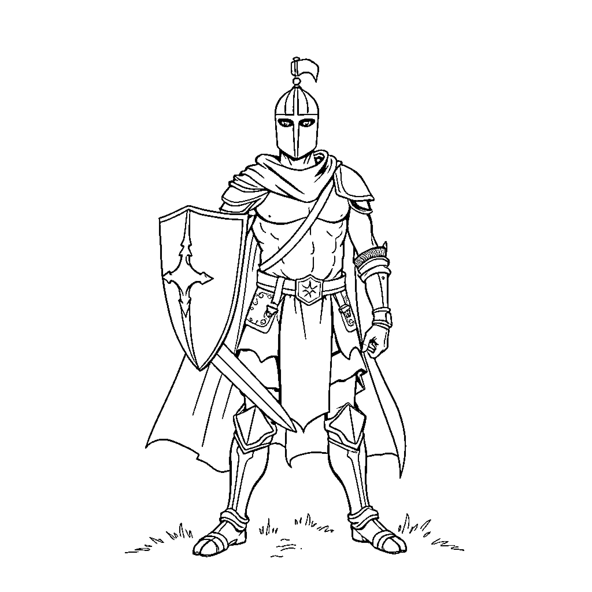 Knight standing guard with shield and sword Coloring Page (free black-and-white line drawing printable PDF for all, from beginners to advanced learners, including children, teens, adults, and seniors)