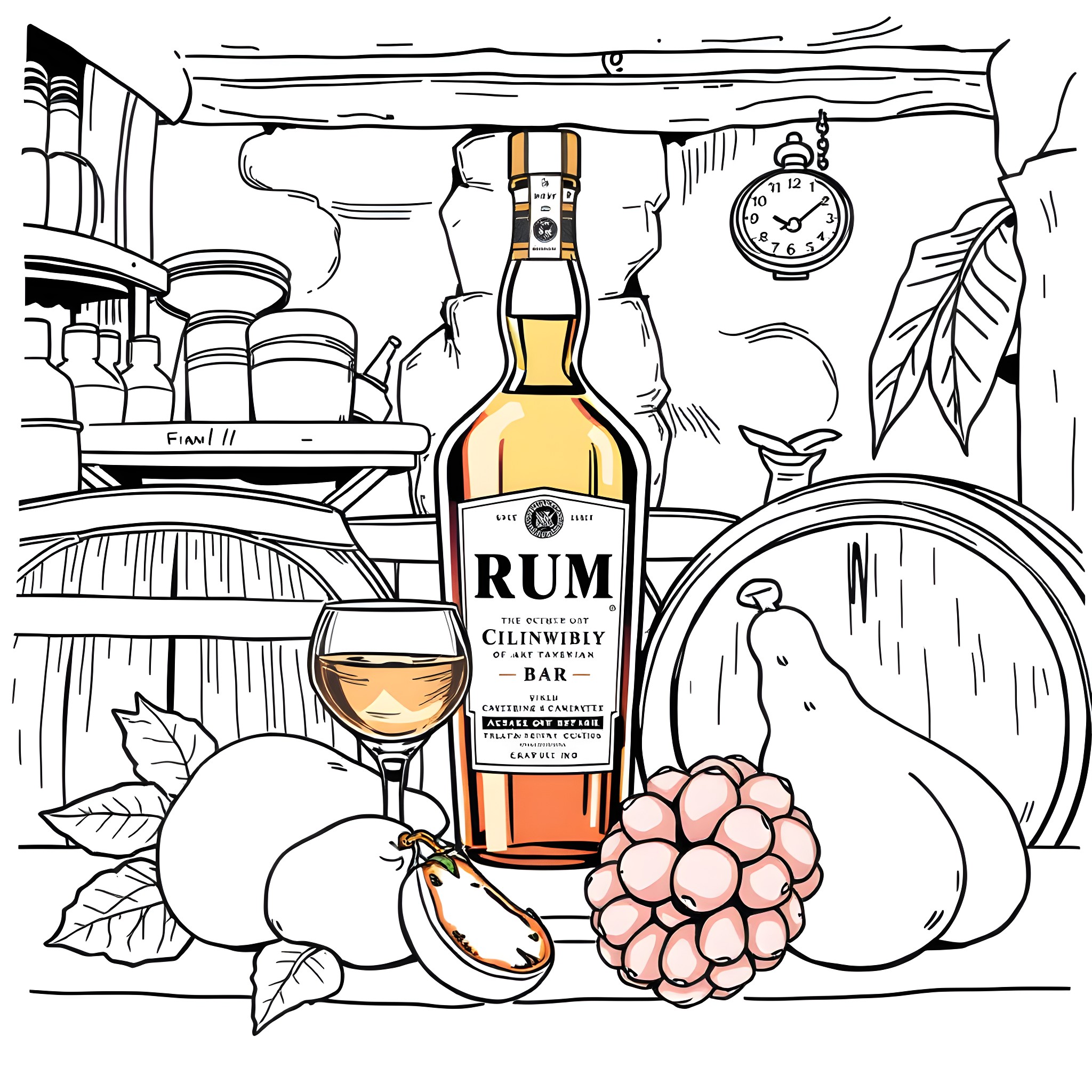Rum and fruits in a cozy bar Coloring Page (free black-and-white line drawing printable PDF for all, from beginners to advanced learners, including children, teens, adults, and seniors)