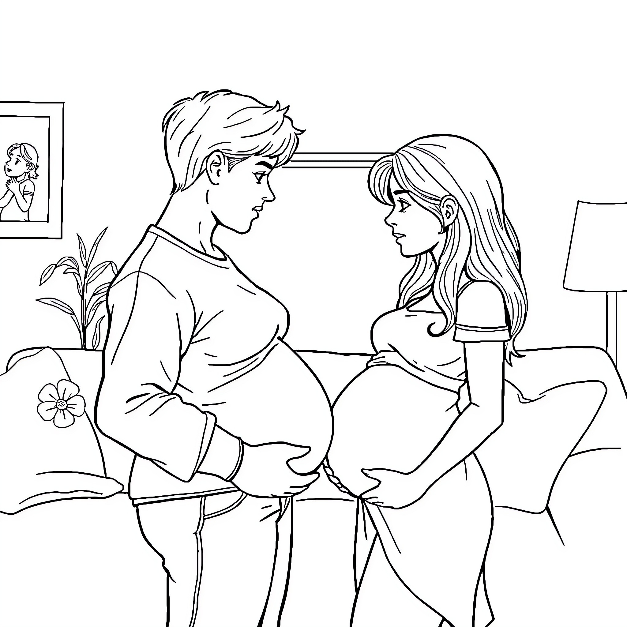 Girlfriend's Tender Embrace During Pregnancy Coloring Page (free black-and-white line drawing printable PDF for all, from beginners to advanced learners, including children, teens, adults, and seniors)