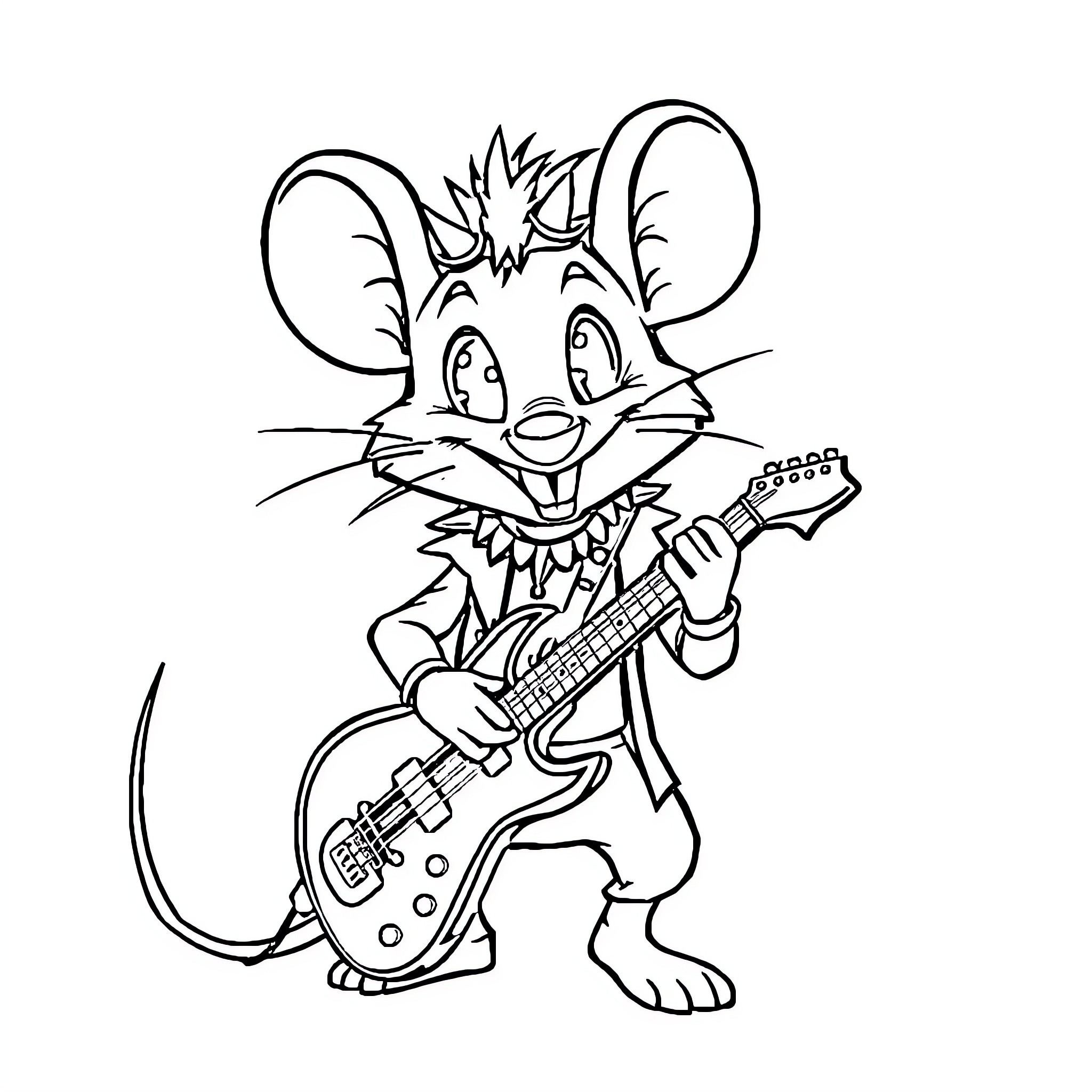 Mouse playing electric guitar enthusiastically Coloring Page (free black-and-white line drawing printable PDF for all, from beginners to advanced learners, including children, teens, adults, and seniors)