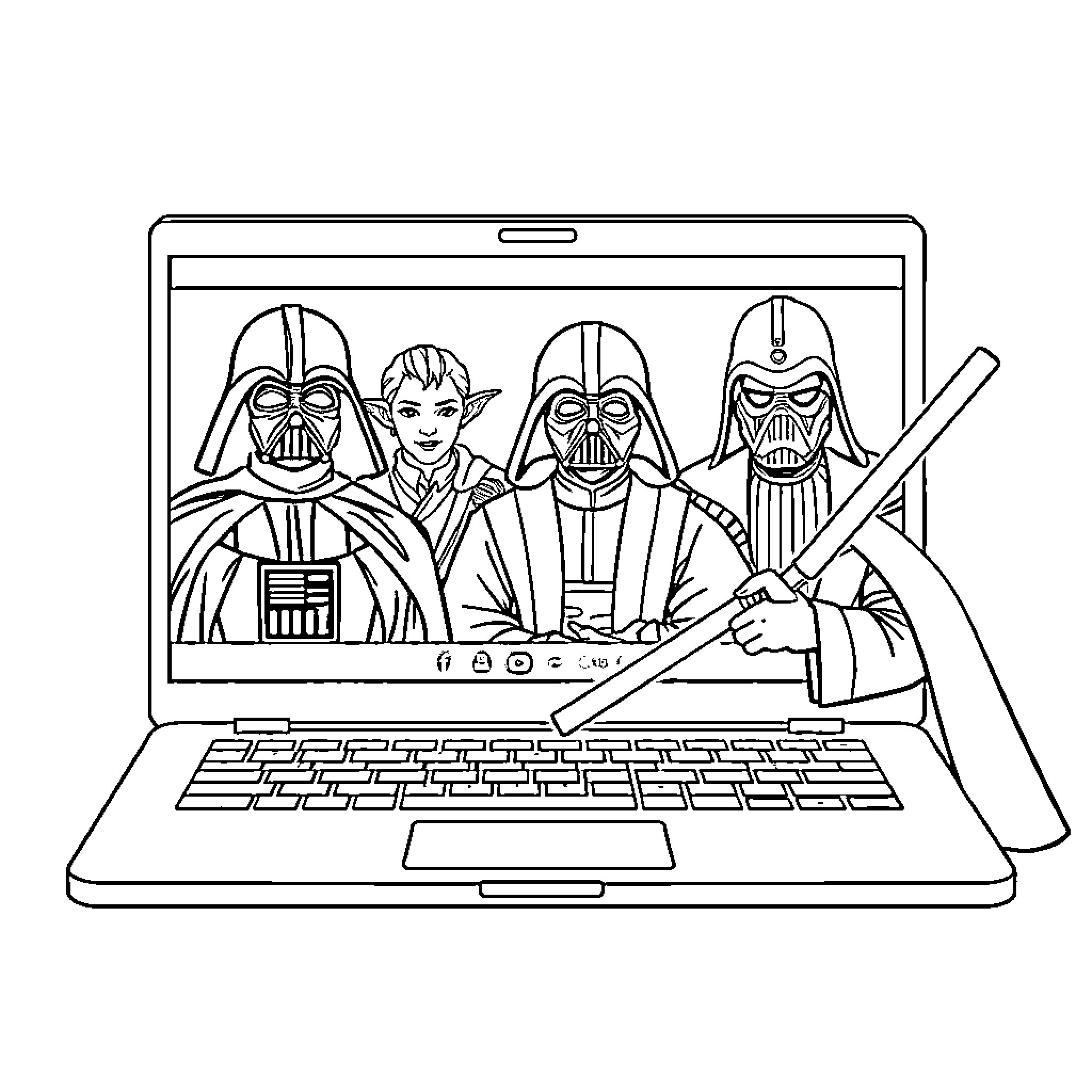 Laptop displaying Star Wars characters Coloring Page (free black-and-white line drawing printable PDF for all, from beginners to advanced learners, including children, teens, adults, and seniors)