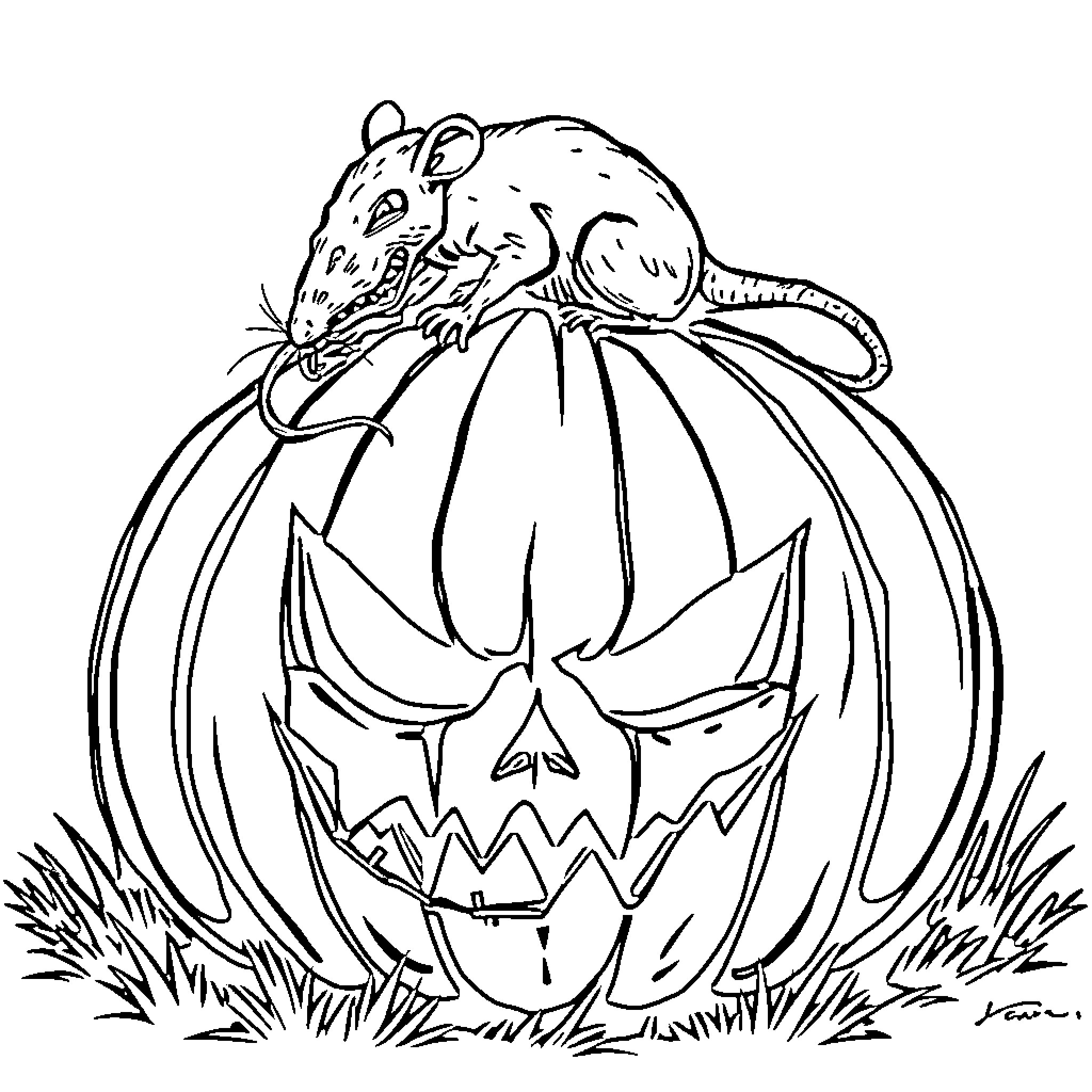 Pumpkin with Rat Perched on Top Coloring Page (free black-and-white line drawing printable PDF for all, from beginners to advanced learners, including children, teens, adults, and seniors)