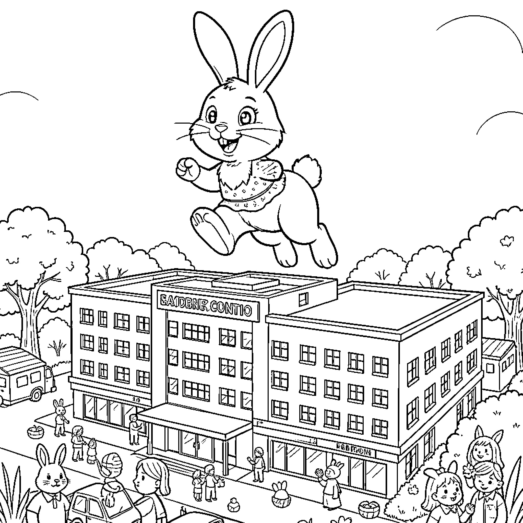Easter Bunny jumping joyfully over town Coloring Page (free black-and-white line drawing printable PDF for all, from beginners to advanced learners, including children, teens, adults, and seniors)