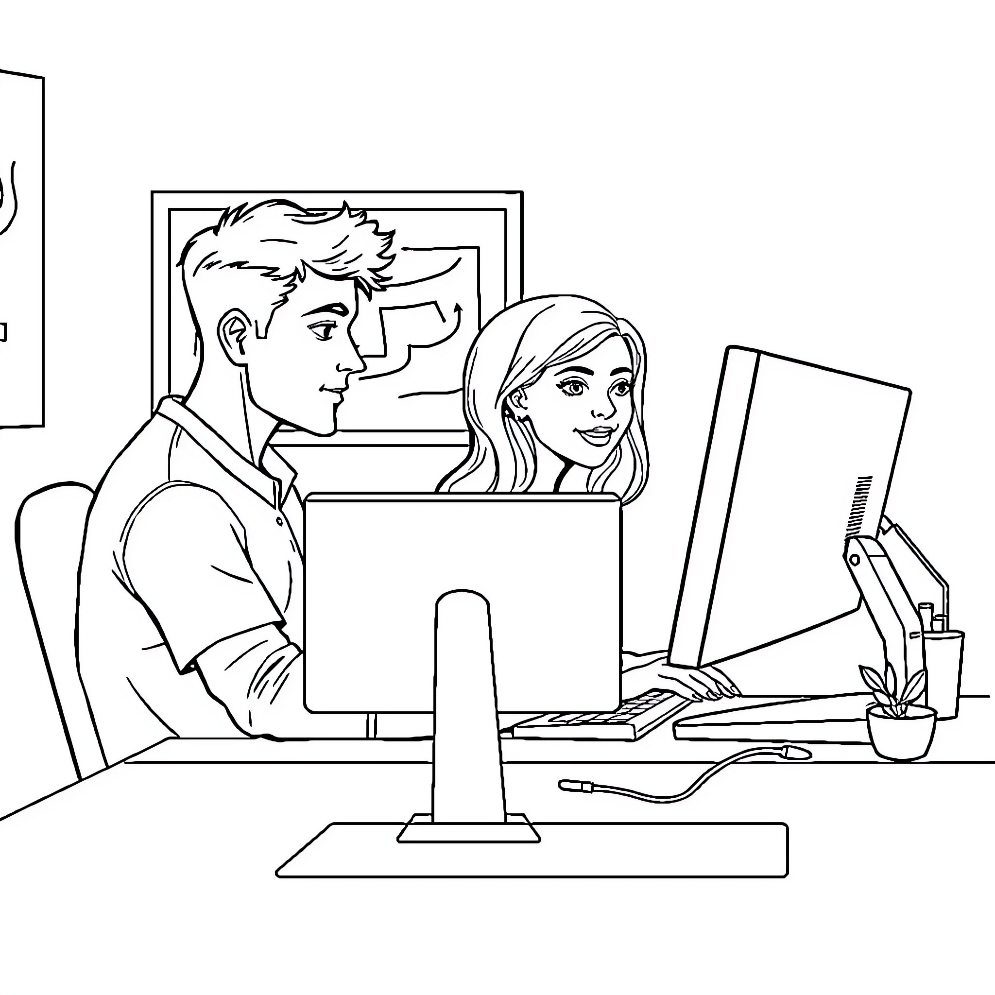 Desktop Coworkers Collaborating on Computer Coloring Page (free black-and-white line drawing printable PDF for all, from beginners to advanced learners, including children, teens, adults, and seniors)