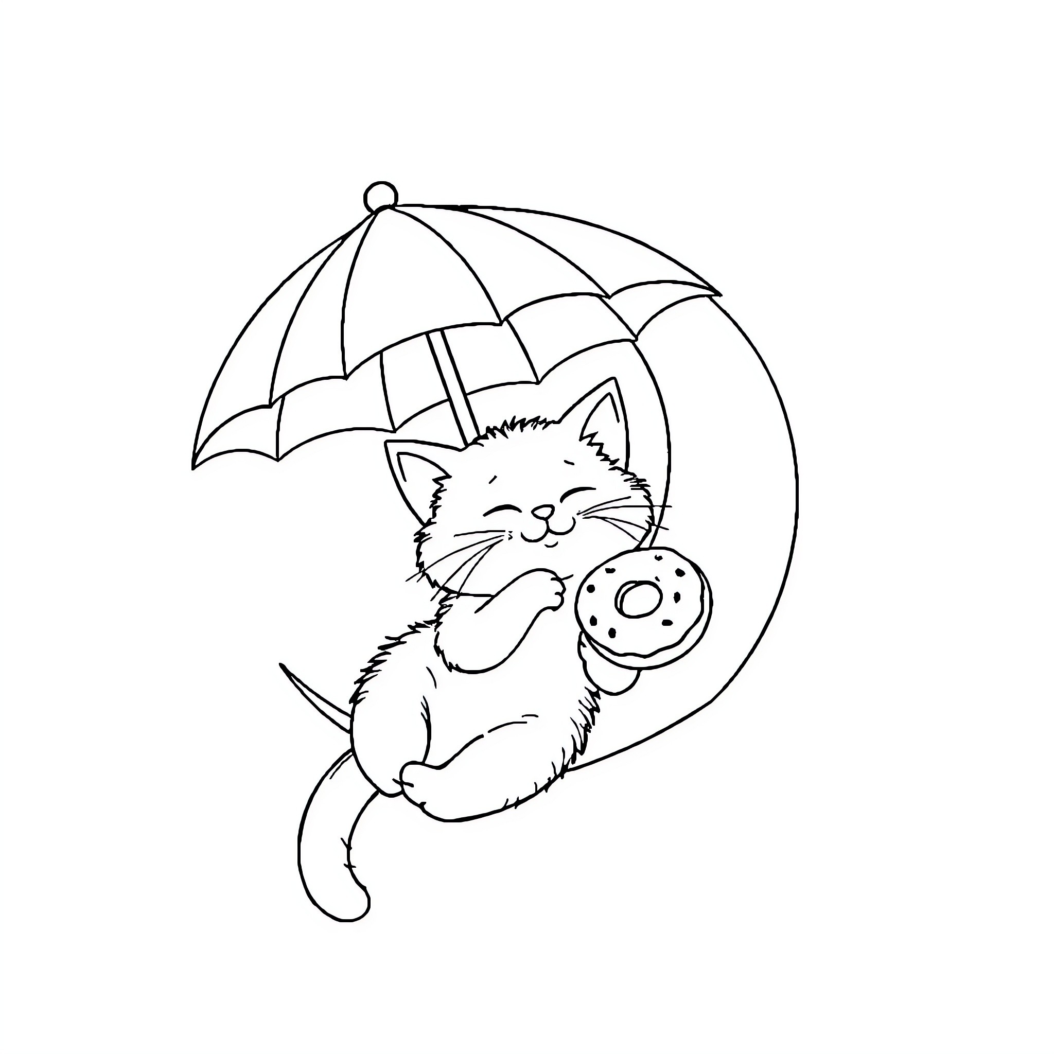Chat of a Playful Kitty with Umbrella Coloring Page (free black-and-white line drawing printable PDF for all, from beginners to advanced learners, including children, teens, adults, and seniors)