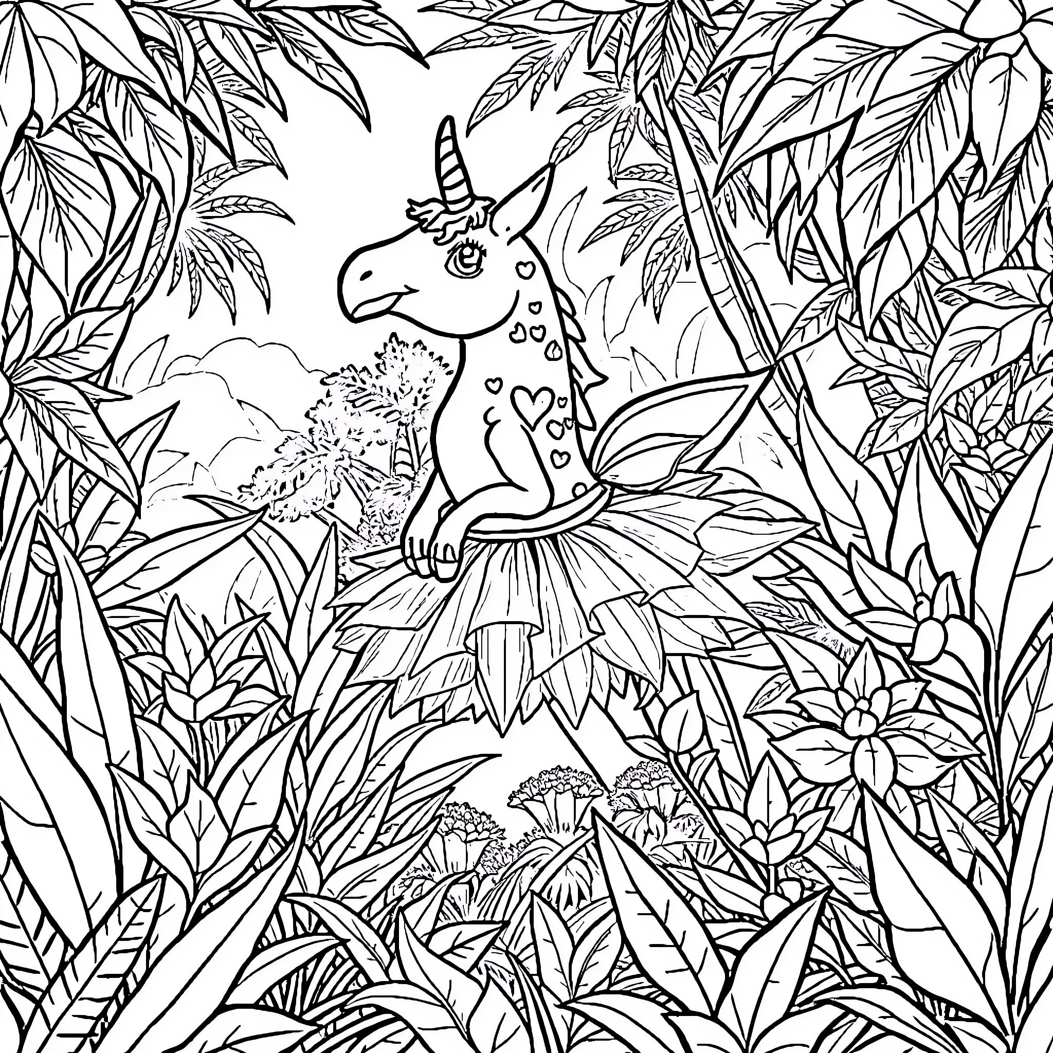 Unicorn Surrounded by Lush Foliage and Flowers Coloring Page (free black-and-white line drawing printable PDF for all, from beginners to advanced learners, including children, teens, adults, and seniors)