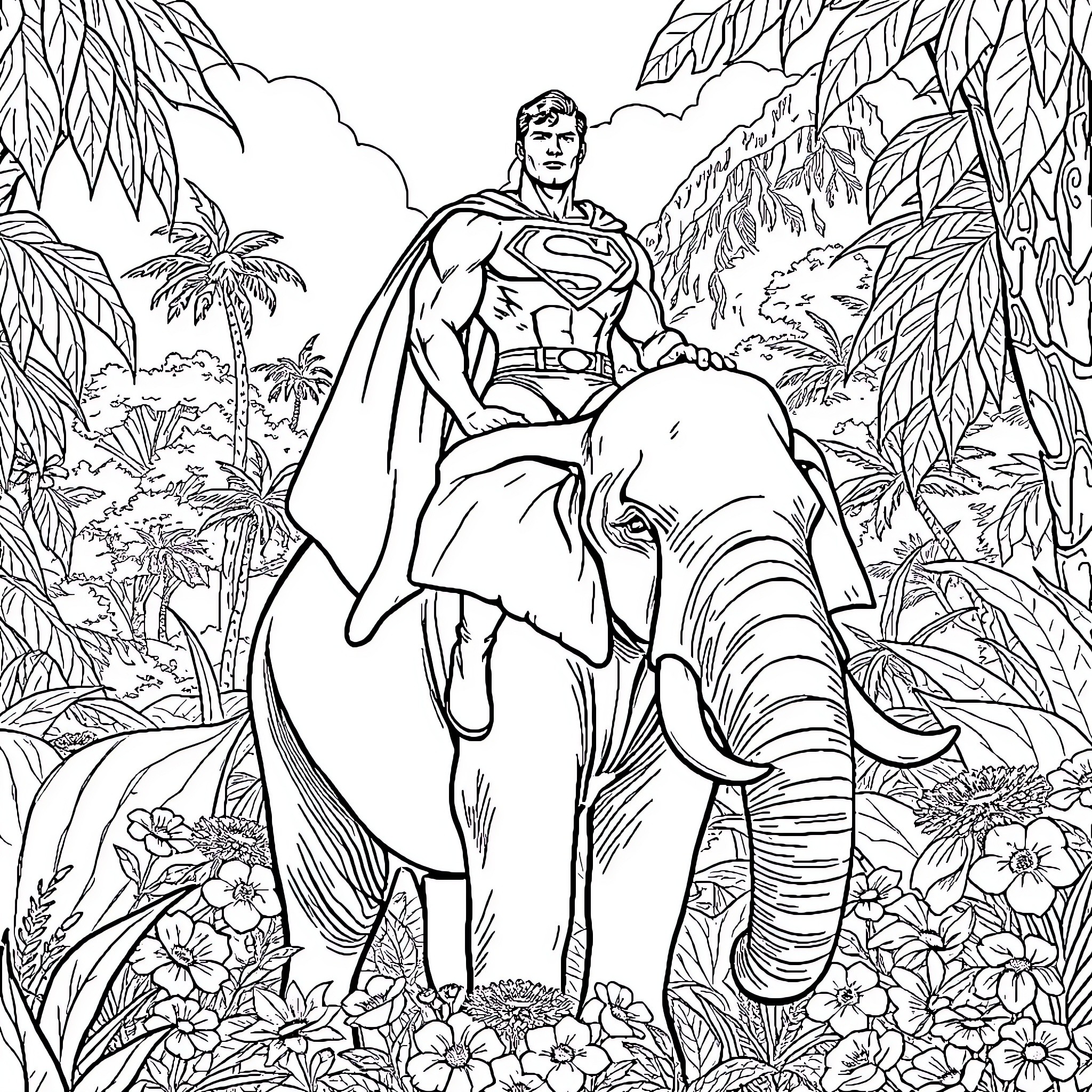 Superman riding a majestic elephant in a lush jungle Coloring Page (free black-and-white line drawing printable PDF for all, from beginners to advanced learners, including children, teens, adults, and seniors)