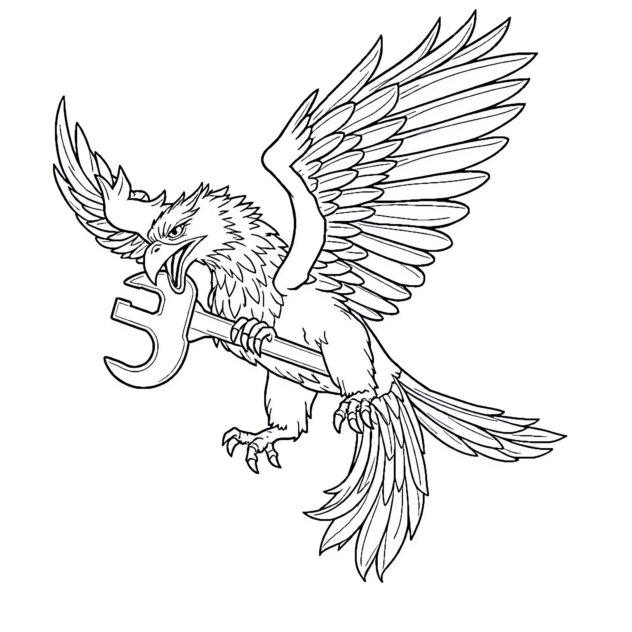 Griffin preparing for battle with outstretched wings Coloring Page (free black-and-white line drawing printable PDF for all, from beginners to advanced learners, including children, teens, adults, and seniors)