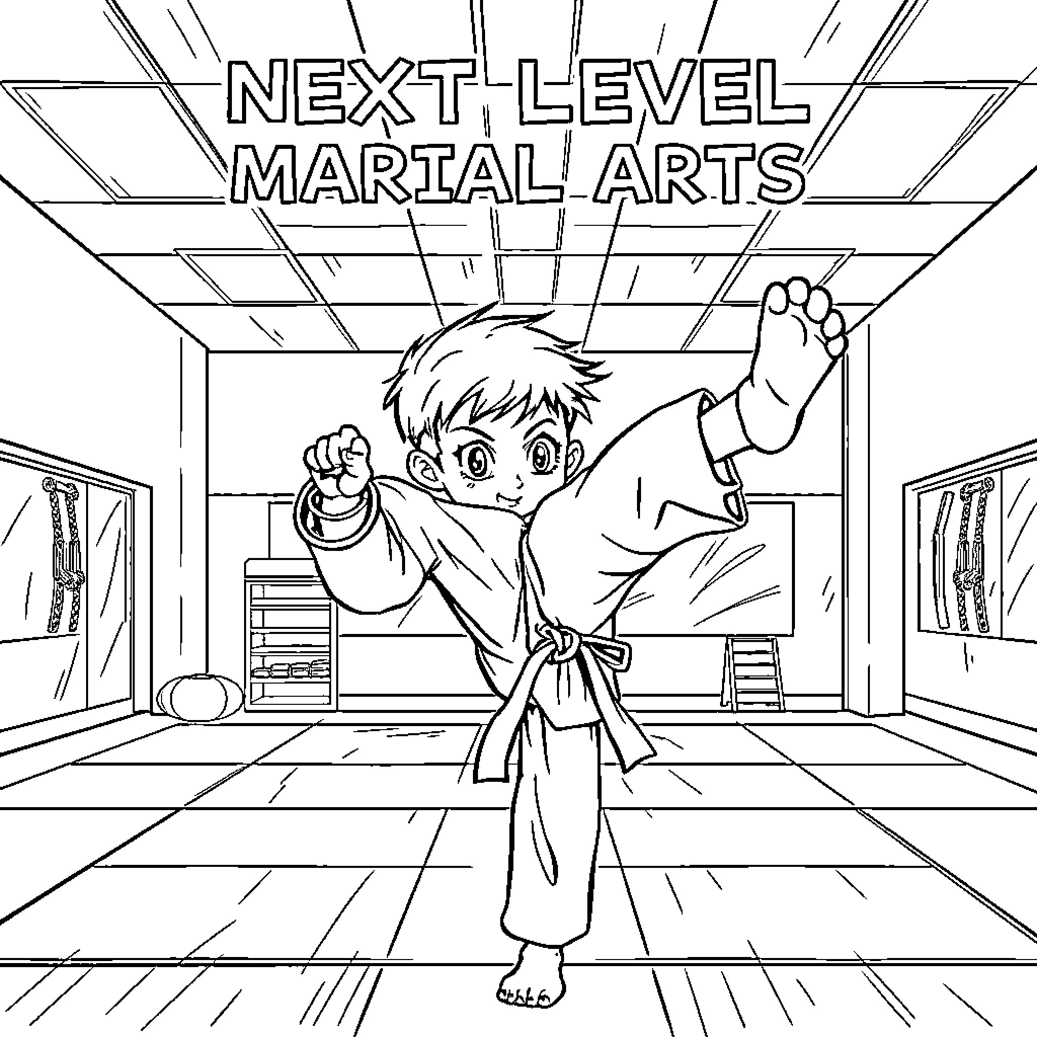 Child practicing martial arts in training room Coloring Page (free black-and-white line drawing printable PDF for all, from beginners to advanced learners, including children, teens, adults, and seniors)