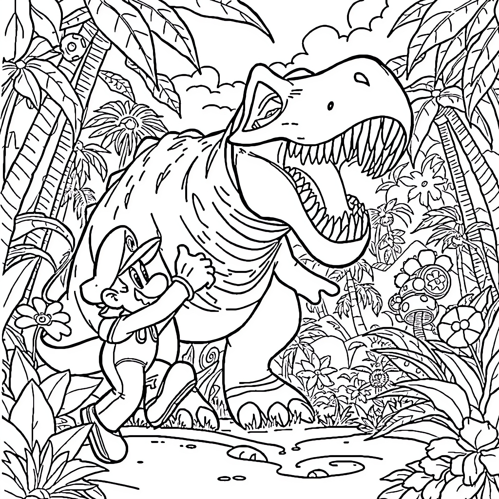 Mario's Prehistoric Adventure in the Lush Jungle Coloring Page (free black-and-white line drawing printable PDF for all, from beginners to advanced learners, including children, teens, adults, and seniors)