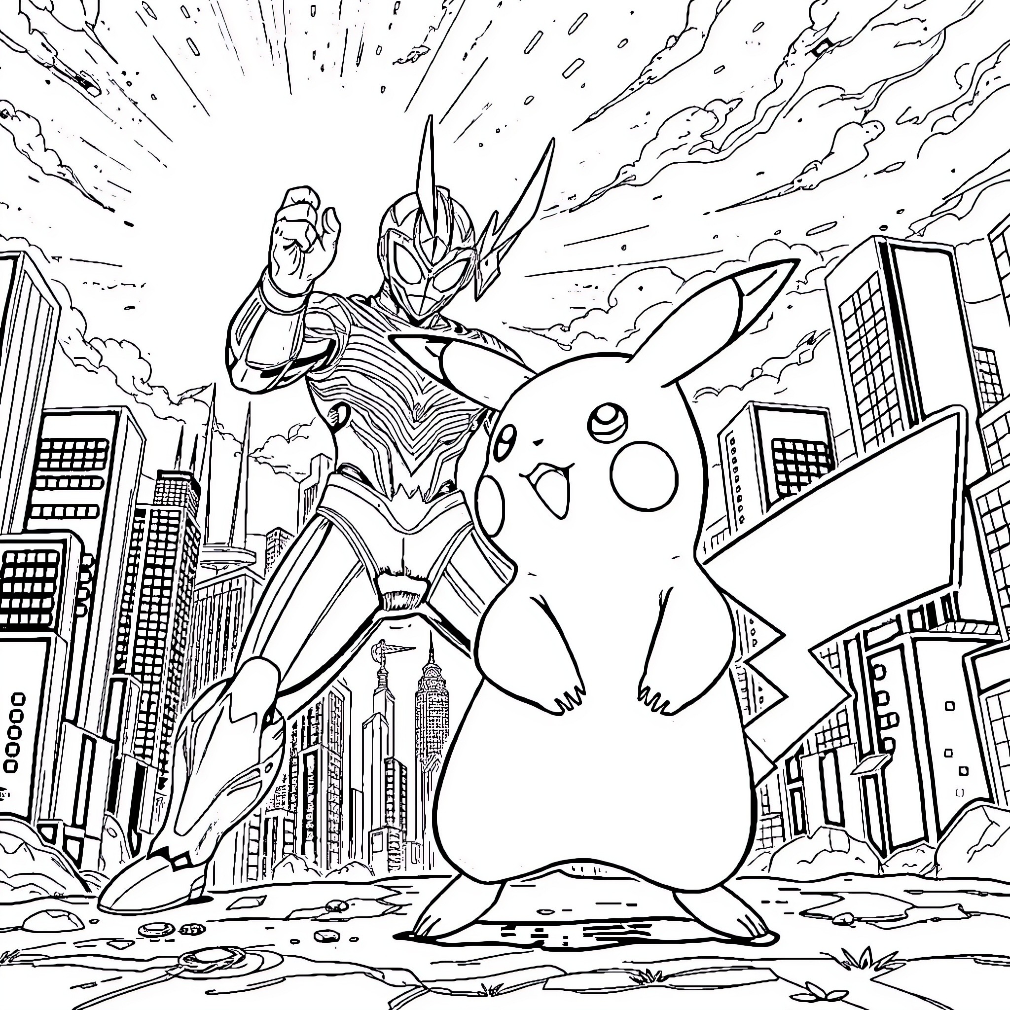 Pikachu Battling Heroic Warrior in Futuristic City Coloring Page (free black-and-white line drawing printable PDF for all, from beginners to advanced learners, including children, teens, adults, and seniors)
