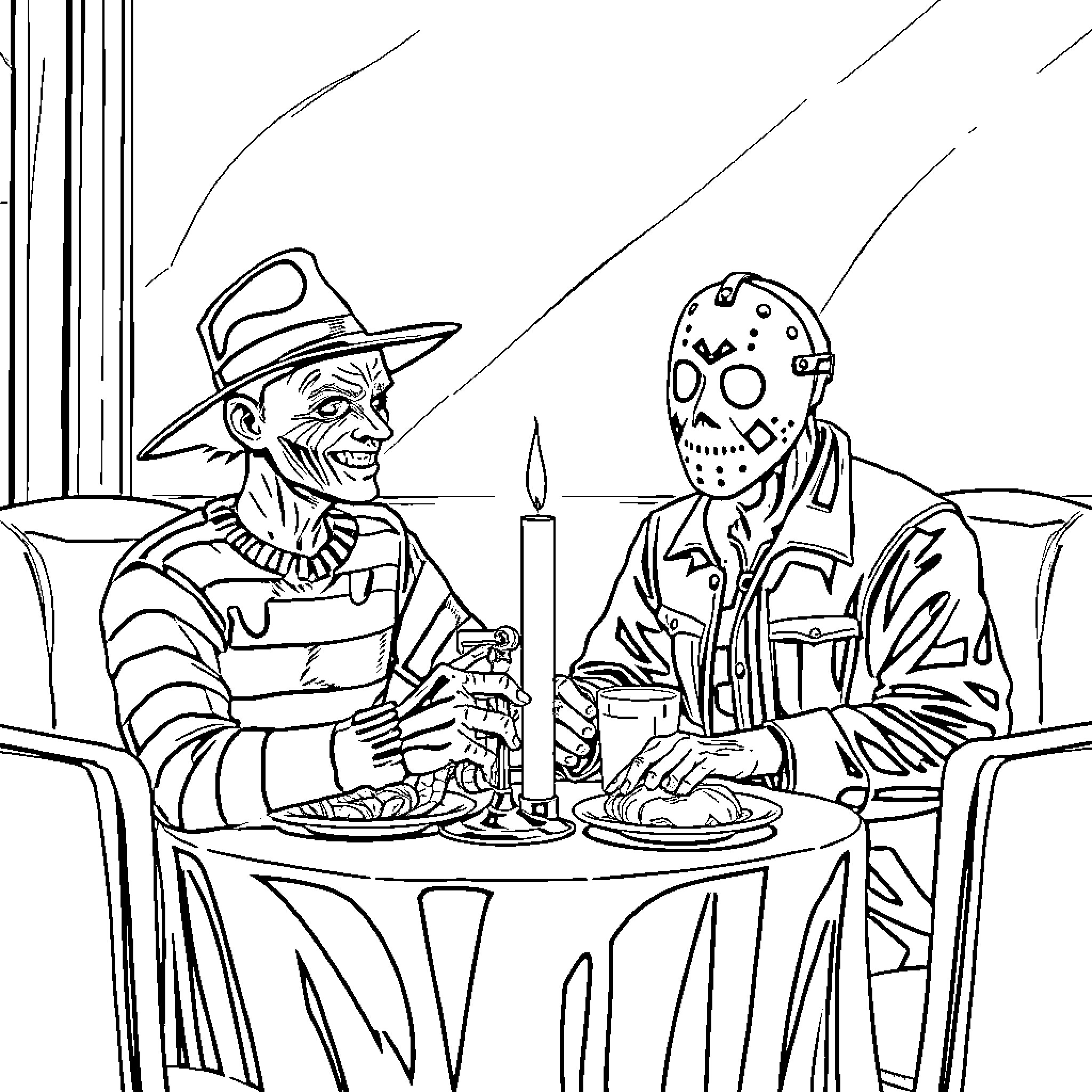 Freddy Krueger and Jason Voorhees having a casual conversation Coloring Page (free black-and-white line drawing printable PDF for all, from beginners to advanced learners, including children, teens, adults, and seniors)