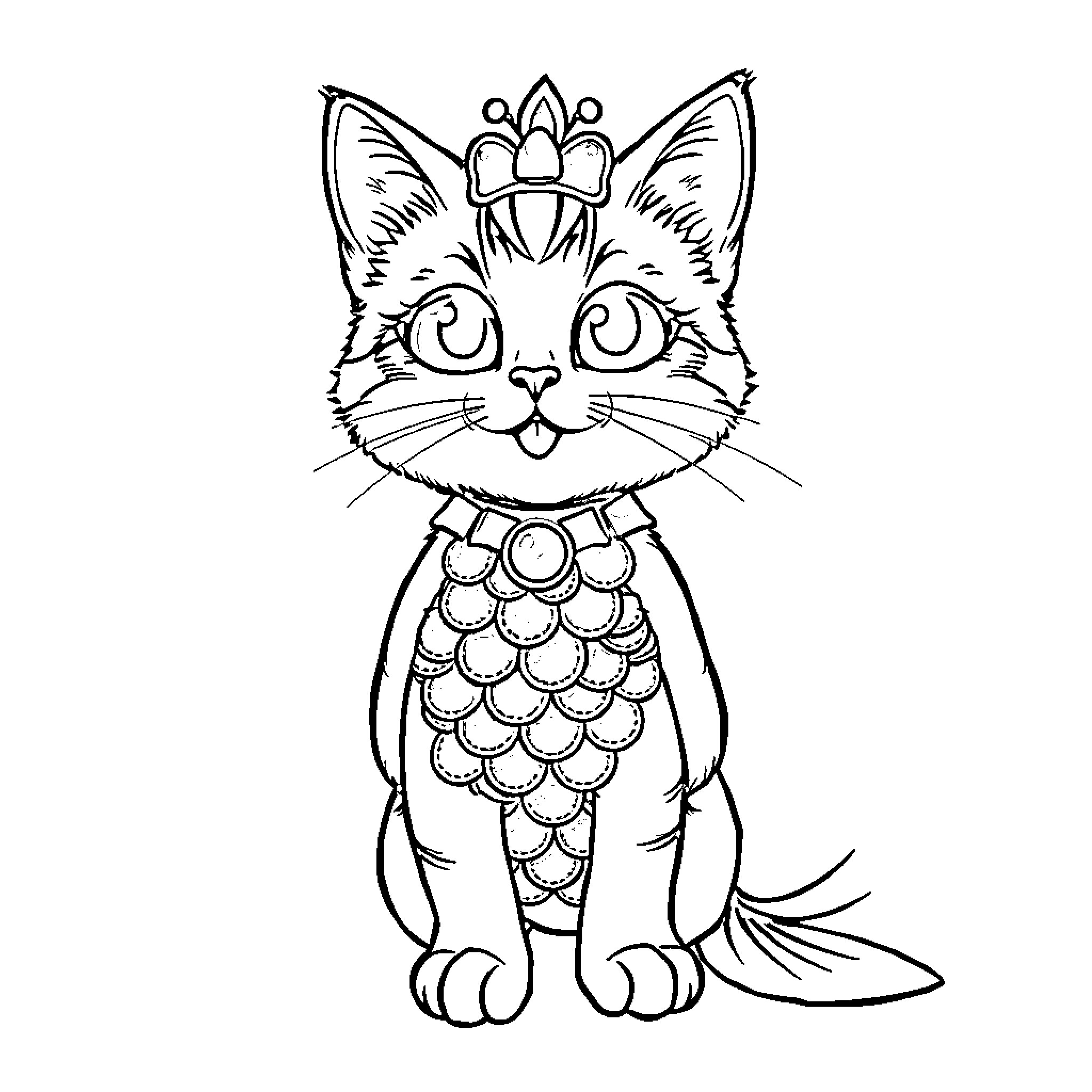 Gato with regal crown and scales adorned Coloring Page (free black-and-white line drawing printable PDF for all, from beginners to advanced learners, including children, teens, adults, and seniors)