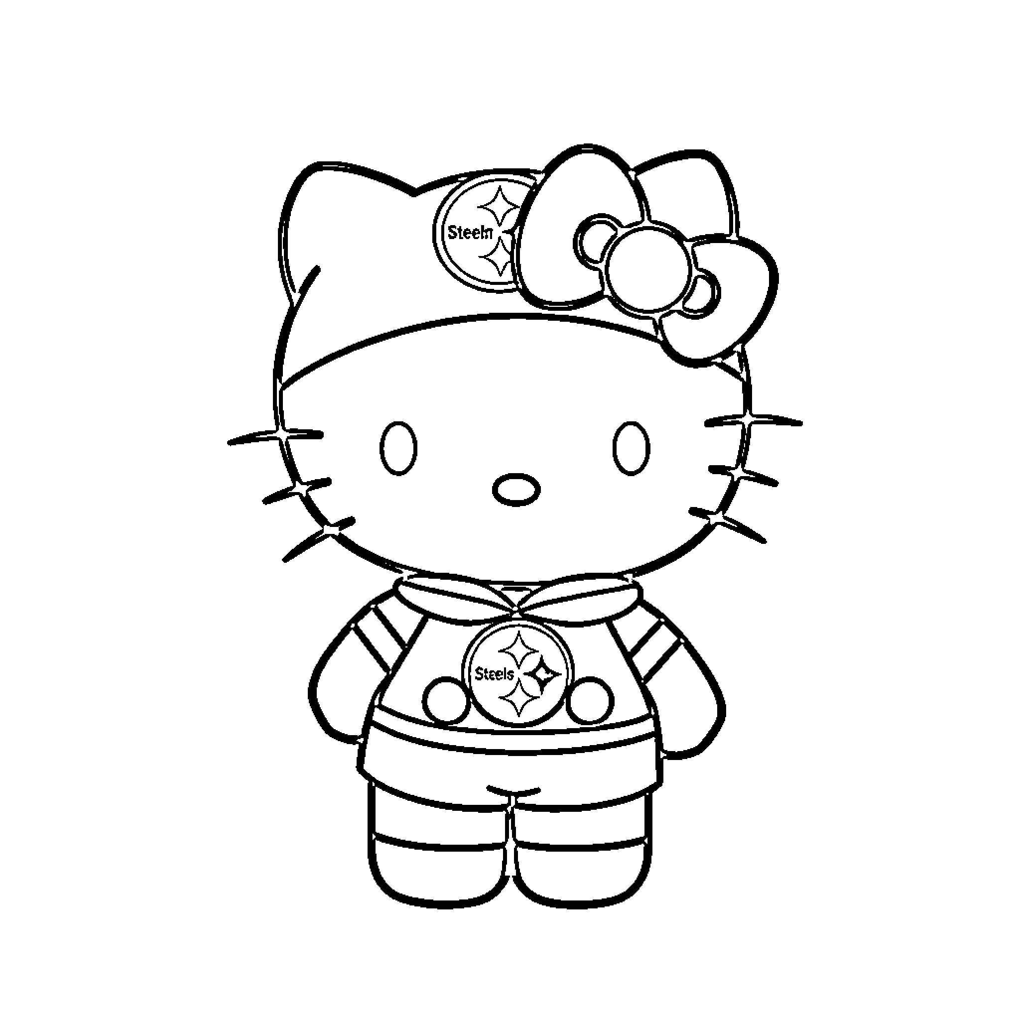 Hello Kitty in Steelers-inspired Outfit Coloring Page (free black-and-white line drawing printable PDF for all, from beginners to advanced learners, including children, teens, adults, and seniors)