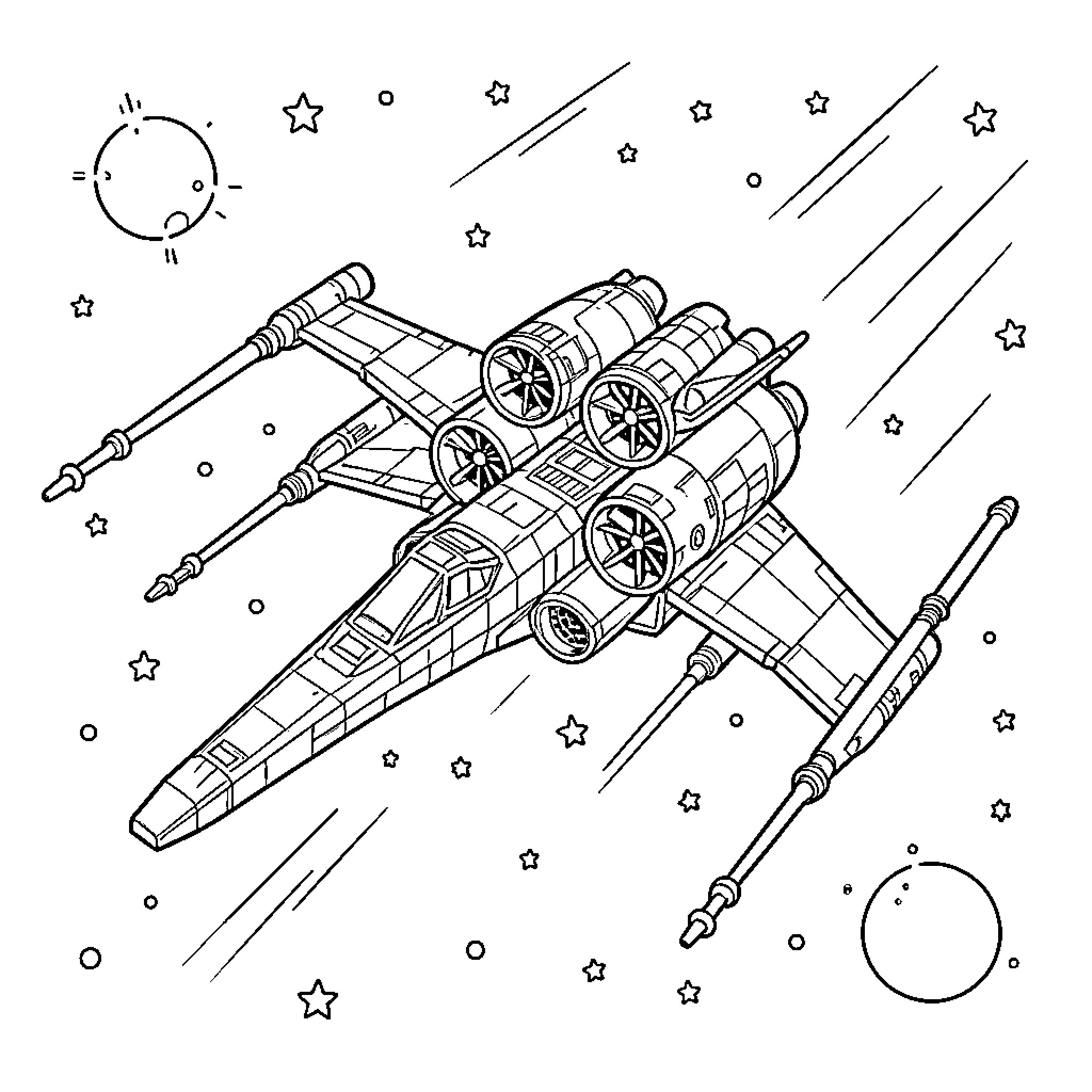 X-Wing starfighter flying through a field of stars Coloring Page (free black-and-white line drawing printable PDF for all, from beginners to advanced learners, including children, teens, adults, and seniors)
