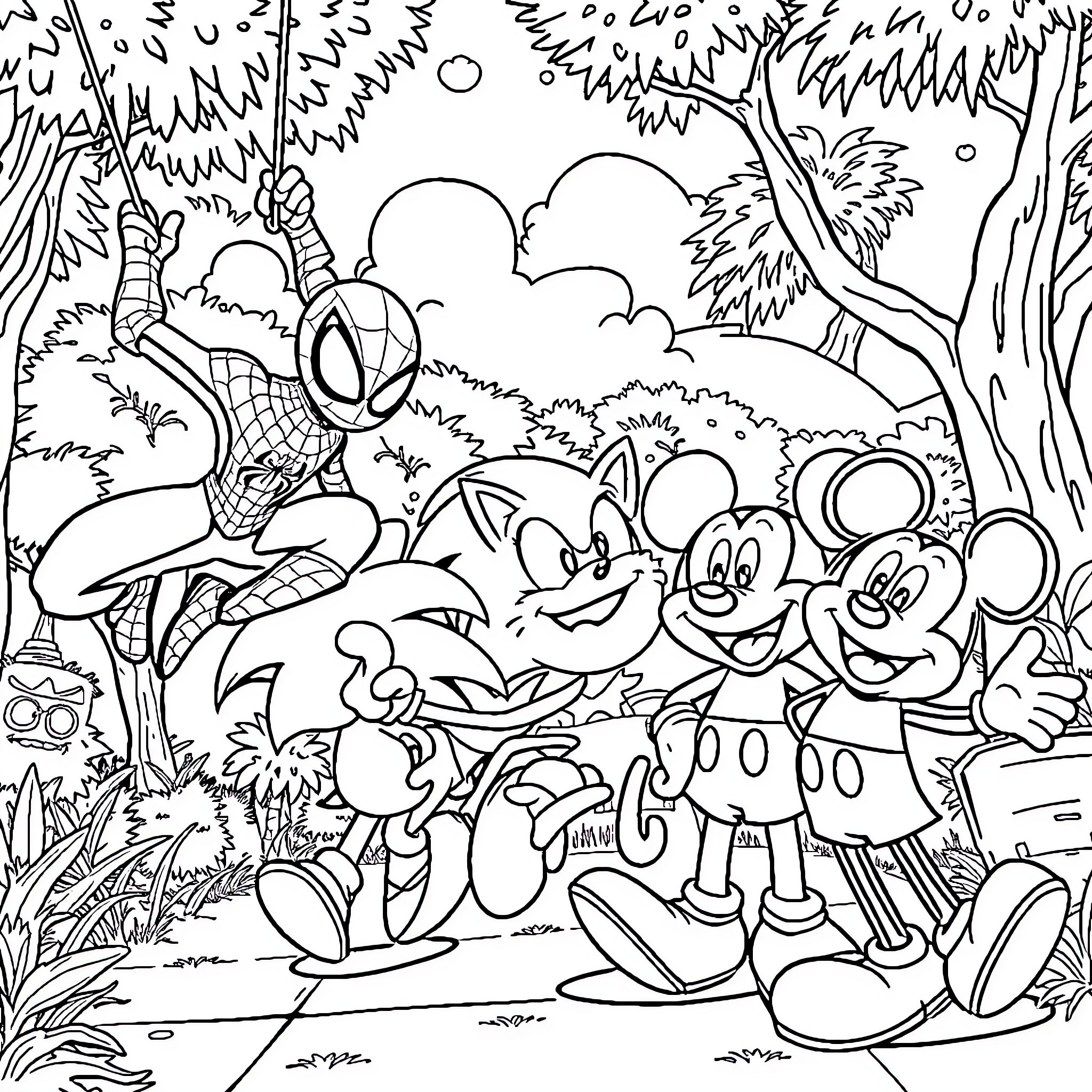 Character Adventure in the Whimsical Forest Coloring Page (free black-and-white line drawing printable PDF for all, from beginners to advanced learners, including children, teens, adults, and seniors)