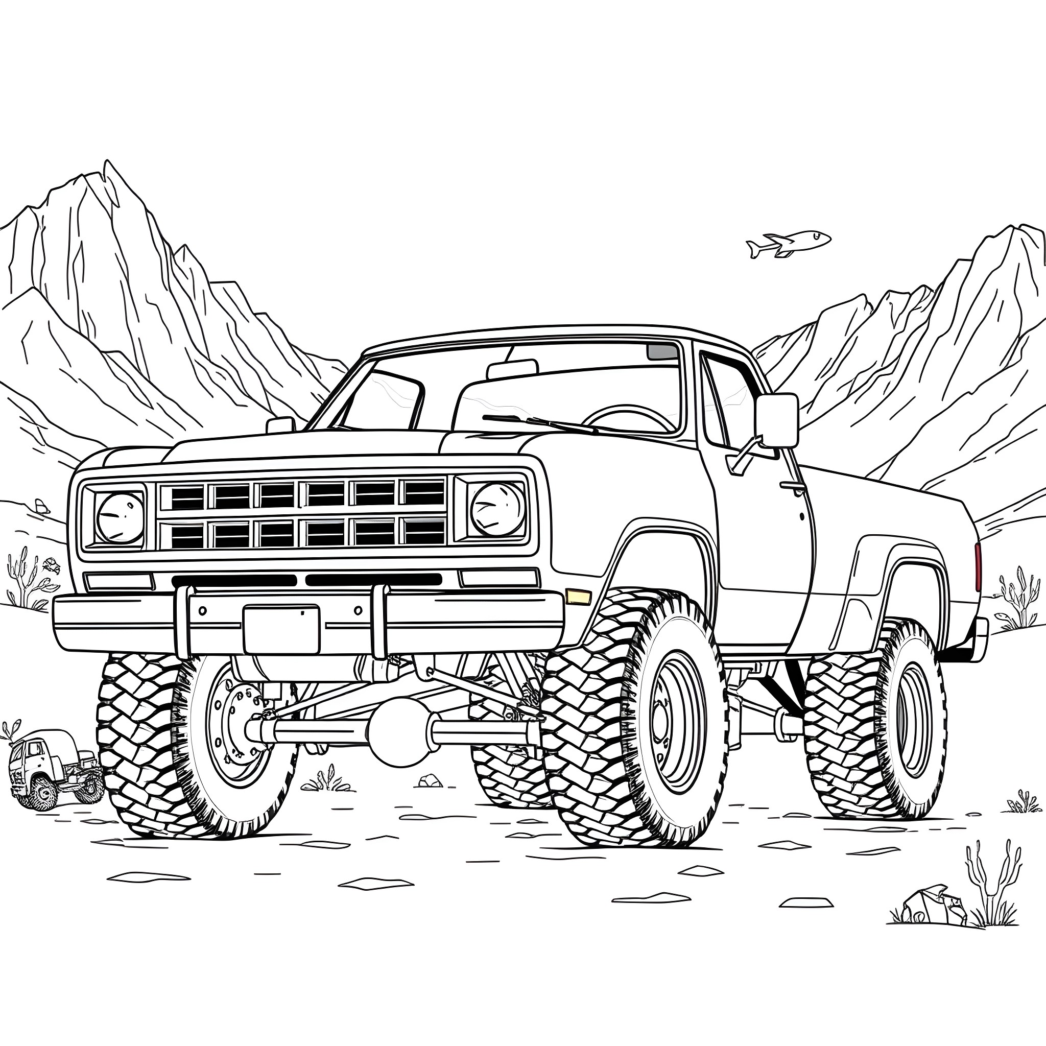 Dodge off-road truck tackling rugged terrain Coloring Page (free black-and-white line drawing printable PDF for all, from beginners to advanced learners, including children, teens, adults, and seniors)