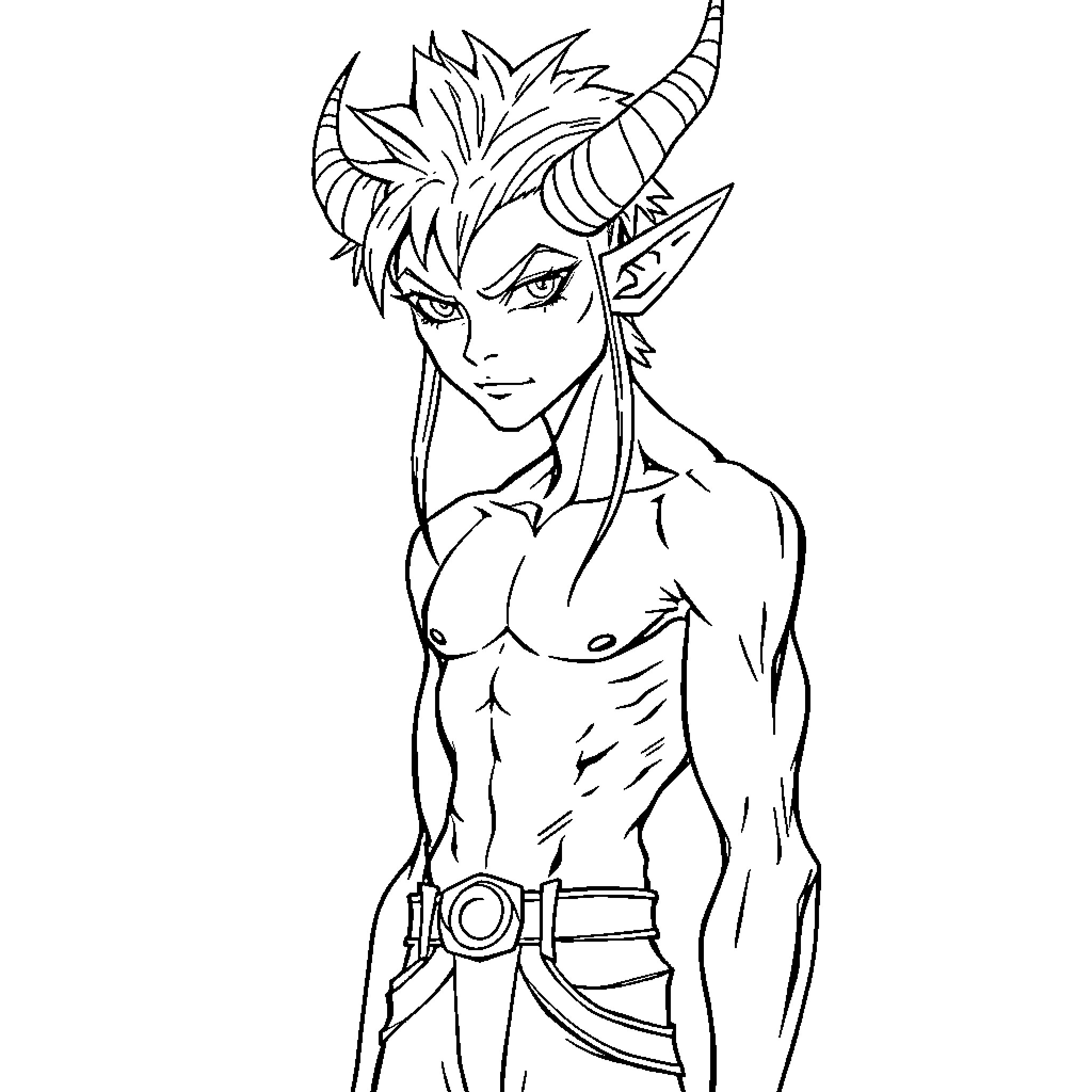 Tiefling warrior with bold expression Coloring Page (free black-and-white line drawing printable PDF for all, from beginners to advanced learners, including children, teens, adults, and seniors)