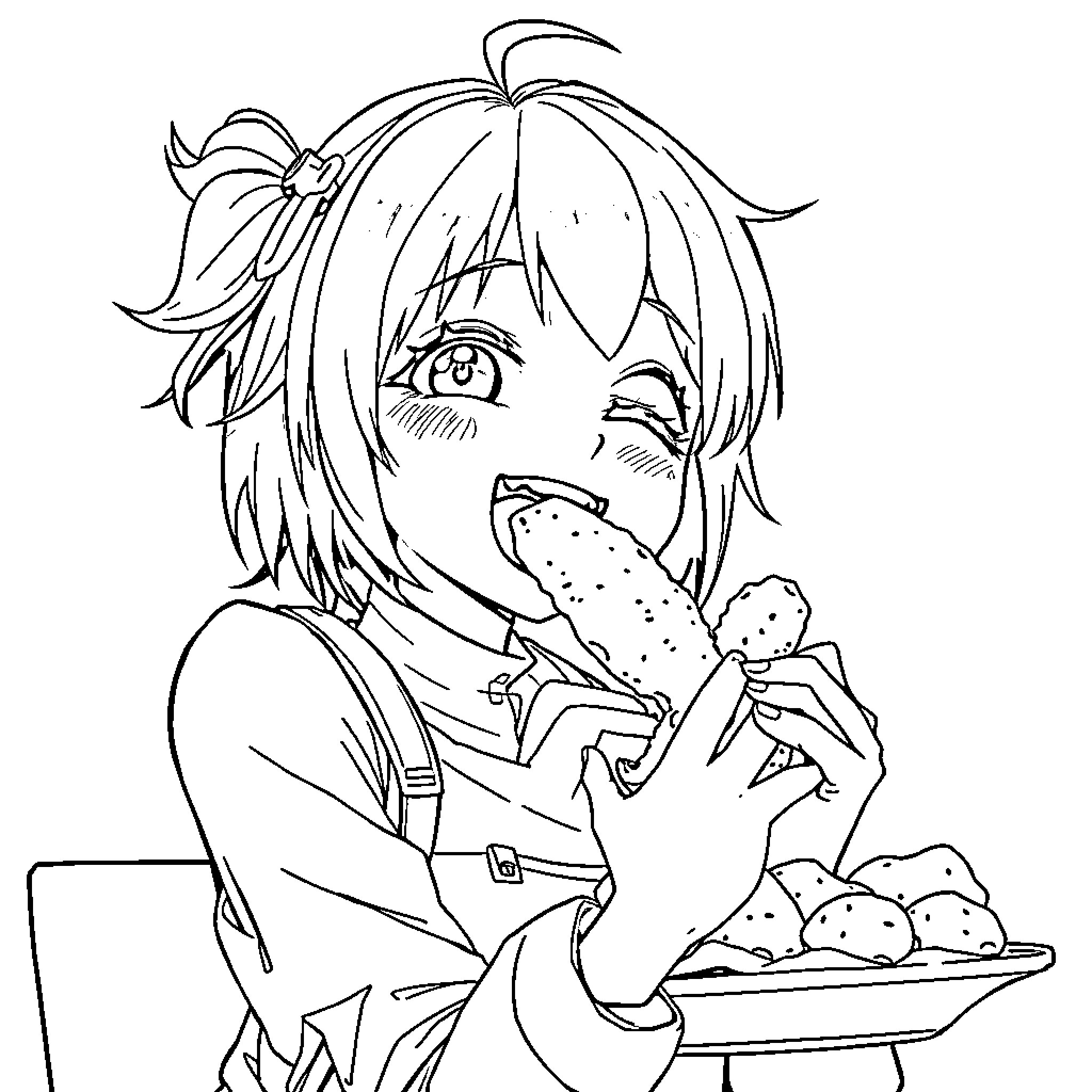 Anime Girl Eating Potatoes Happily Coloring Page (free black-and-white line drawing printable PDF for all, from beginners to advanced learners, including children, teens, adults, and seniors)