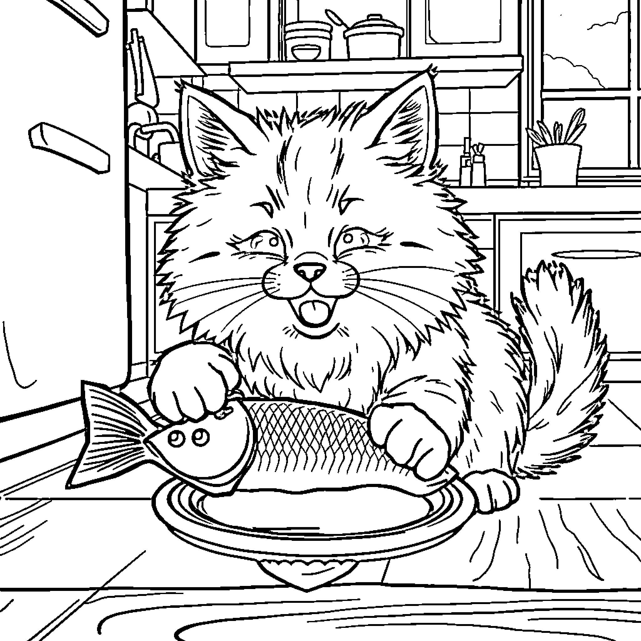 Cat playing with a toy fish in the kitchen Coloring Page (free black-and-white line drawing printable PDF for all, from beginners to advanced learners, including children, teens, adults, and seniors)