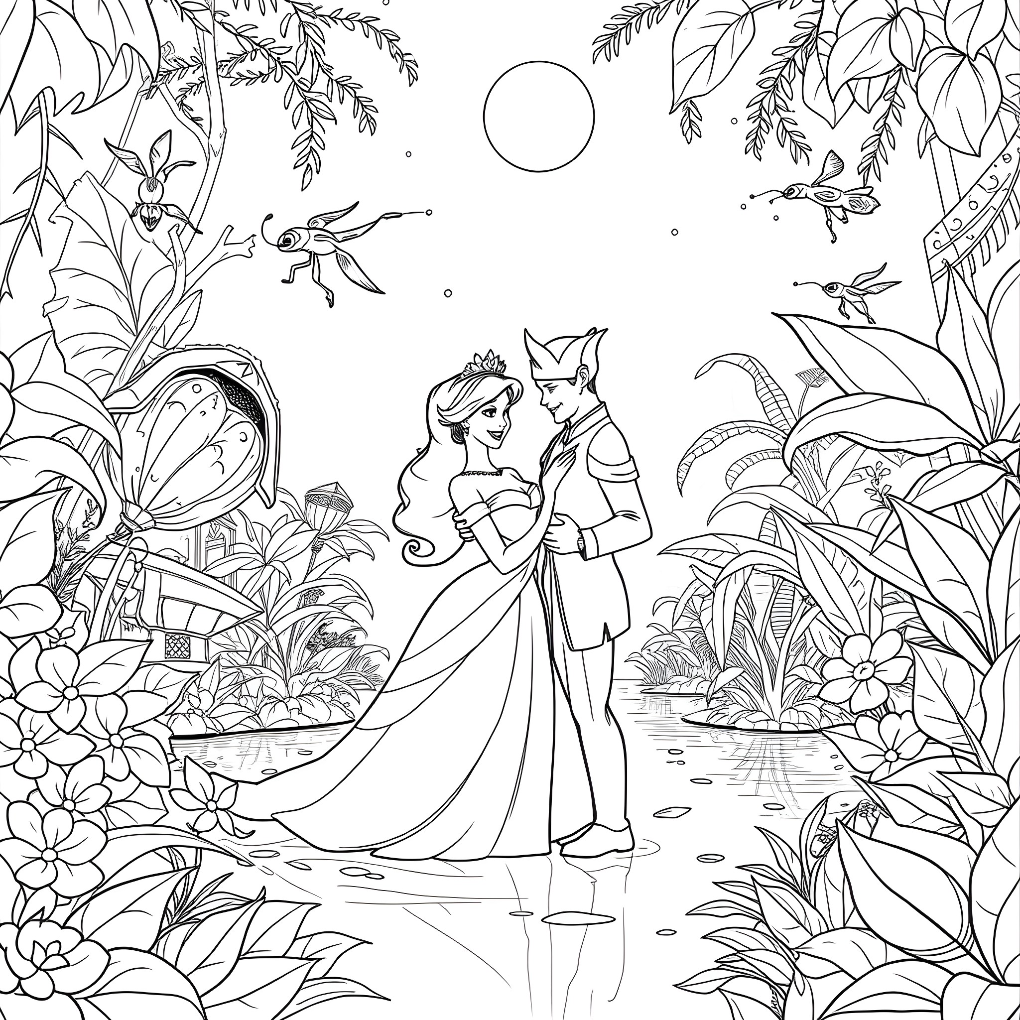 Tiana and Naveen dancing in the enchanted forest Coloring Page (free black-and-white line drawing printable PDF for all, from beginners to advanced learners, including children, teens, adults, and seniors)