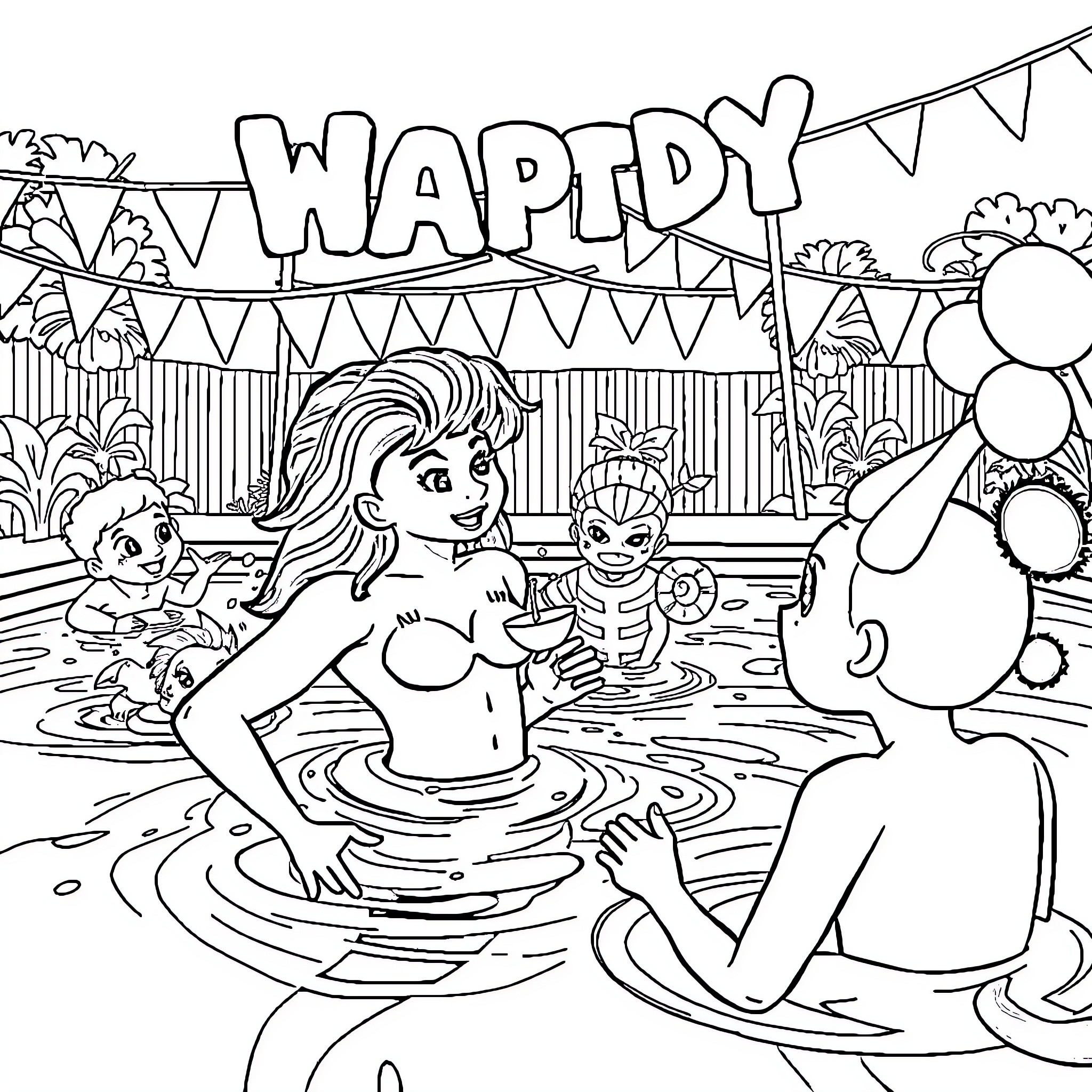 Wednesday Party Celebration in the Backyard Pool Coloring Page (free black-and-white line drawing printable PDF for all, from beginners to advanced learners, including children, teens, adults, and seniors)