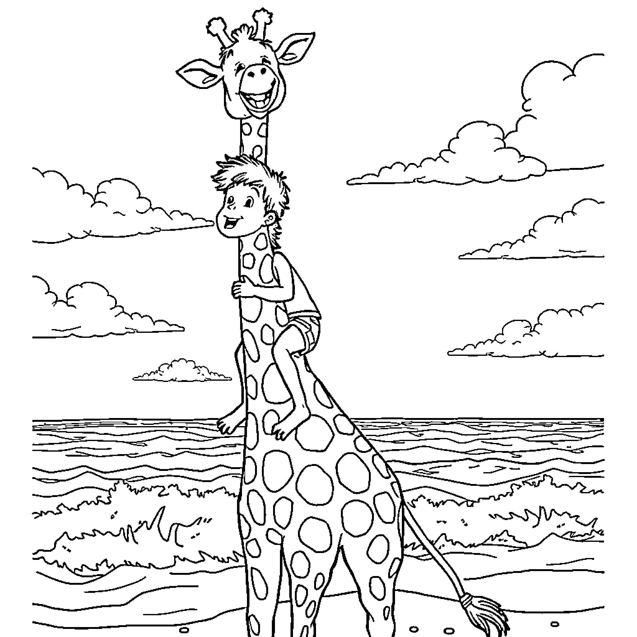 Boy playing with spotted animal in the ocean Coloring Page (free black-and-white line drawing printable PDF for all, from beginners to advanced learners, including children, teens, adults, and seniors)