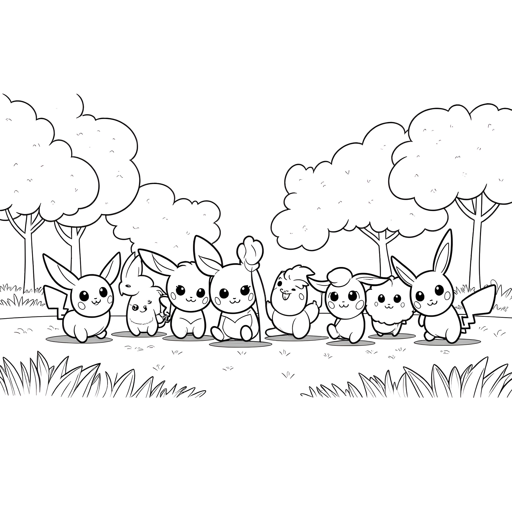 Eevee and Friends Enjoying Nature Coloring Page (free black-and-white line drawing printable PDF for all, from beginners to advanced learners, including children, teens, adults, and seniors)